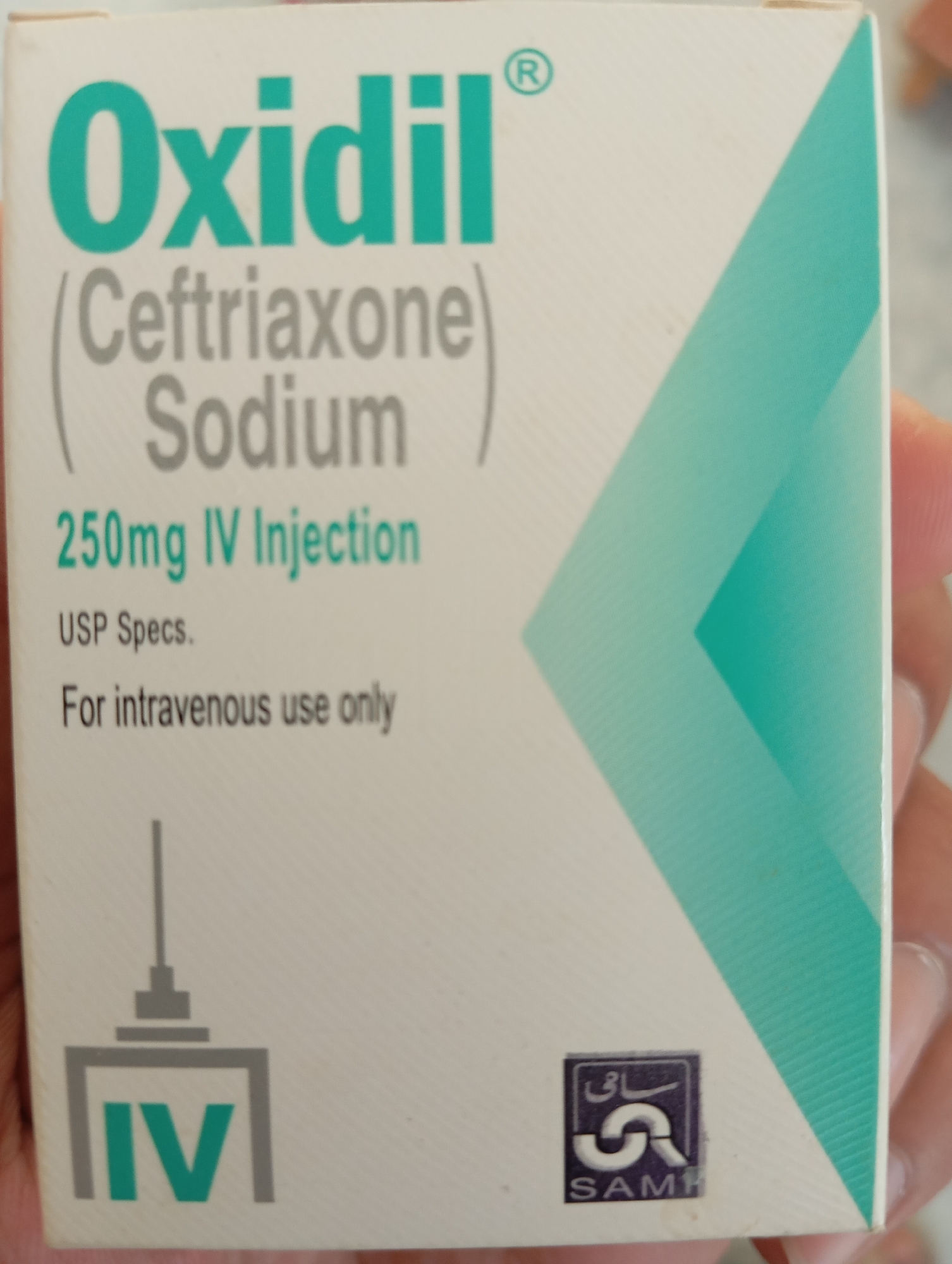 The image is a close-up of the front of a pharmaceutical box for "Oxidil (Ceftriaxone Sodium) 250mg IV Injection." The box is predominantly white with a teal diagonal design on the right side. Text on the box includes the brand name "Oxidil" in large teal letters, the generic name "Ceftriaxone Sodium" in smaller grey letters, the dosage and administration "250mg IV Injection" in teal, "USP Specs." in grey, and "For intravenous use only" in grey. A symbol depicting an IV setup with "IV" in teal is present on the lower left. A logo with Arabic script and "SAM!" is on the lower right. The box is held by a hand, with fingers visible on the right side. The image does not contain any information or visual cues related to the city of Lassan, Pakistan.