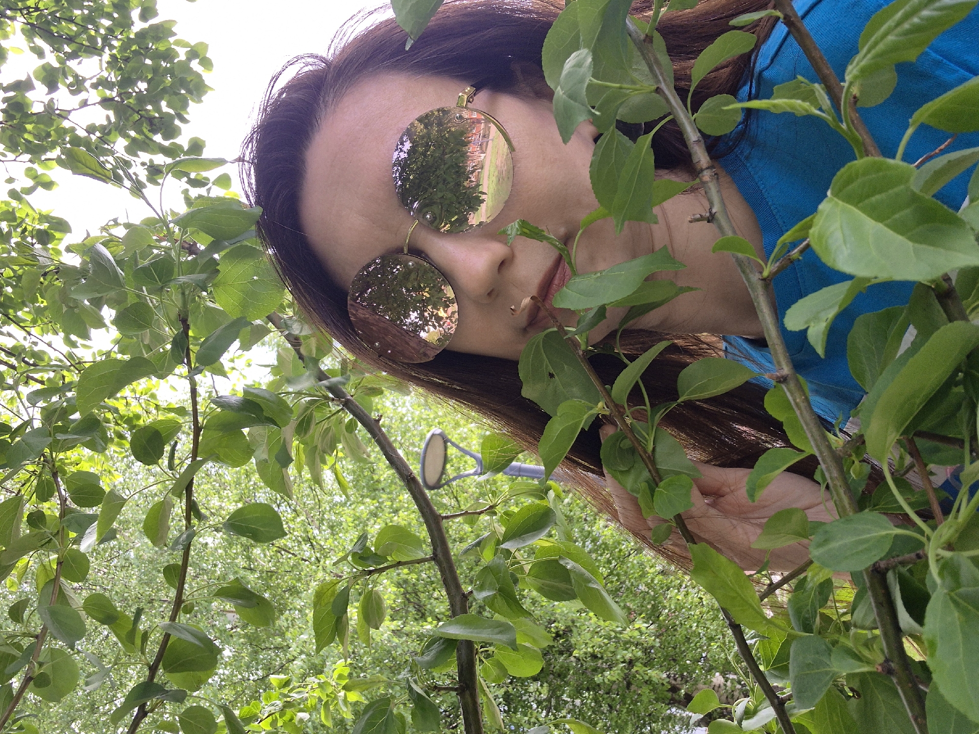 A low-angle shot shows a person wearing circular sunglasses in a leafy environment, seemingly an urban setting. The person has long, dark hair and is wearing a blue top. The sunglasses reflect the surrounding foliage and possibly buildings, indicating an outdoor area. The scene is heavily dominated by green leaves and branches, suggesting a park or garden area. The overall perspective is from below, looking upwards toward the person.
