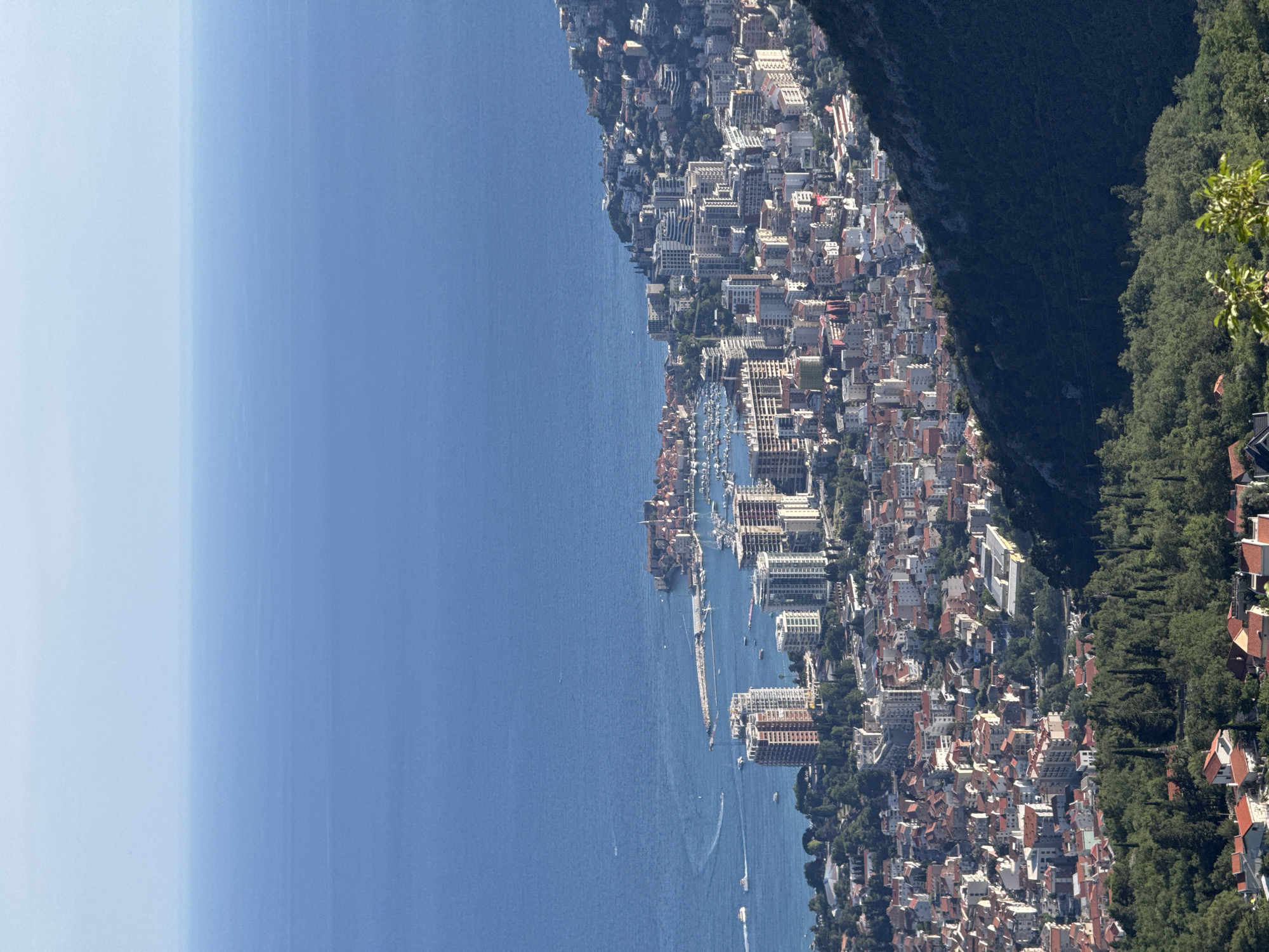 The image shows an aerial view of a coastal city. In the background, a vast expanse of blue ocean stretches to the horizon. The foreground features a densely populated city with numerous buildings, including modern high-rises and older structures with red-tiled roofs. A marina with many boats is visible along the coastline, and a breakwater extends into the sea. Green trees and vegetation dot the landscape, especially on the hillsides surrounding the city. The light suggests it is daytime, with clear skies and bright sunshine casting shadows. There are no visible people.
