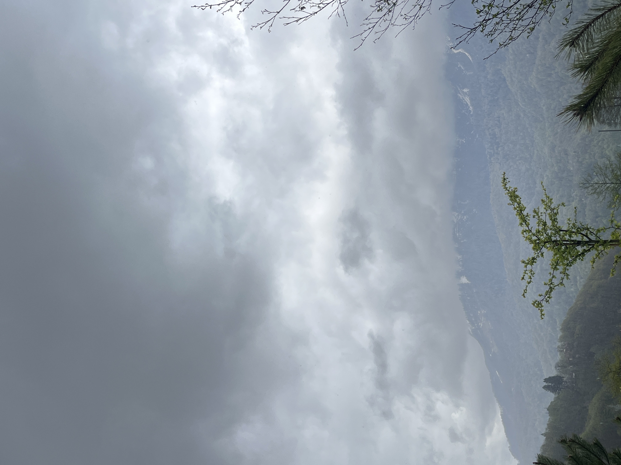 The image depicts a mountain range viewed through overcast, cloudy skies. The lower right portion of the frame contains green foliage from trees. Bare branches are visible at the top of the frame. A mountain face is visible through breaks in the clouds. The location is Unknown, Unknown.