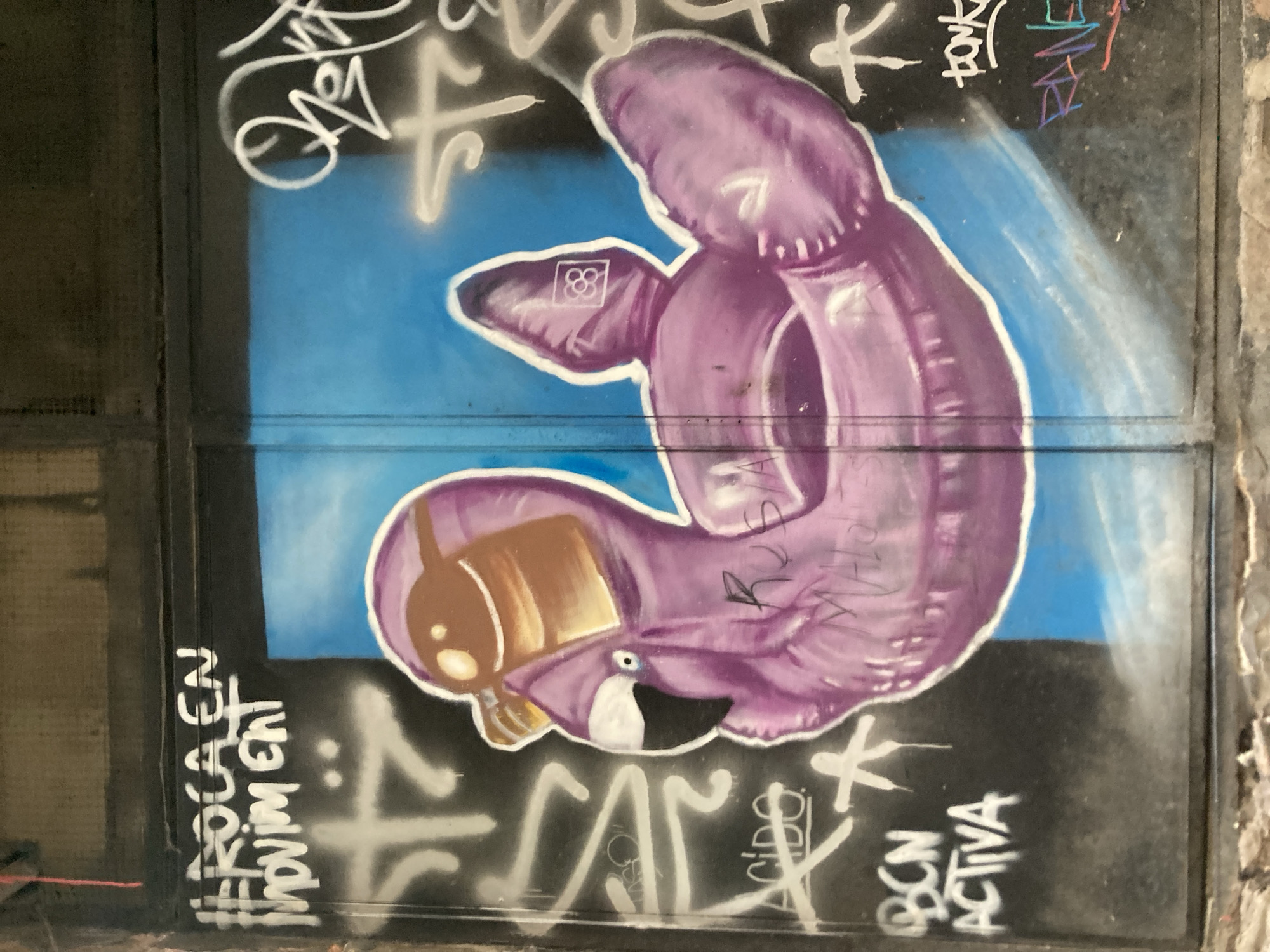The image shows graffiti art on a dark, metallic surface, possibly a garage door or shutters, in Barcelona, Spain. The central subject is a large, stylized, inflatable purple flamingo with a brown head depicting sunglasses. The flamingo is positioned slightly to the left of center. To the left of the flamingo, white graffiti reads "#ROCA EN MOVIMENT" and below that "ACIDO". Further left and lower down, more white graffiti reads "BCN ACTIVA". On the right side of the image, there is a bright blue painted background behind the flamingo's head and wing. White graffiti is visible on the right, including what appears to be lettering and abstract shapes. Some of this graffiti is stylized and difficult to decipher, but some elements resemble characters. Below the flamingo, faint writing in pink or purple is visible on its body, including the word "RUSA". At the bottom right, the word "RANE" is spray-painted in colored letters. The surface is weathered and shows signs of wear. The overall scene suggests an urban environment in Barcelona, characterized by street art.