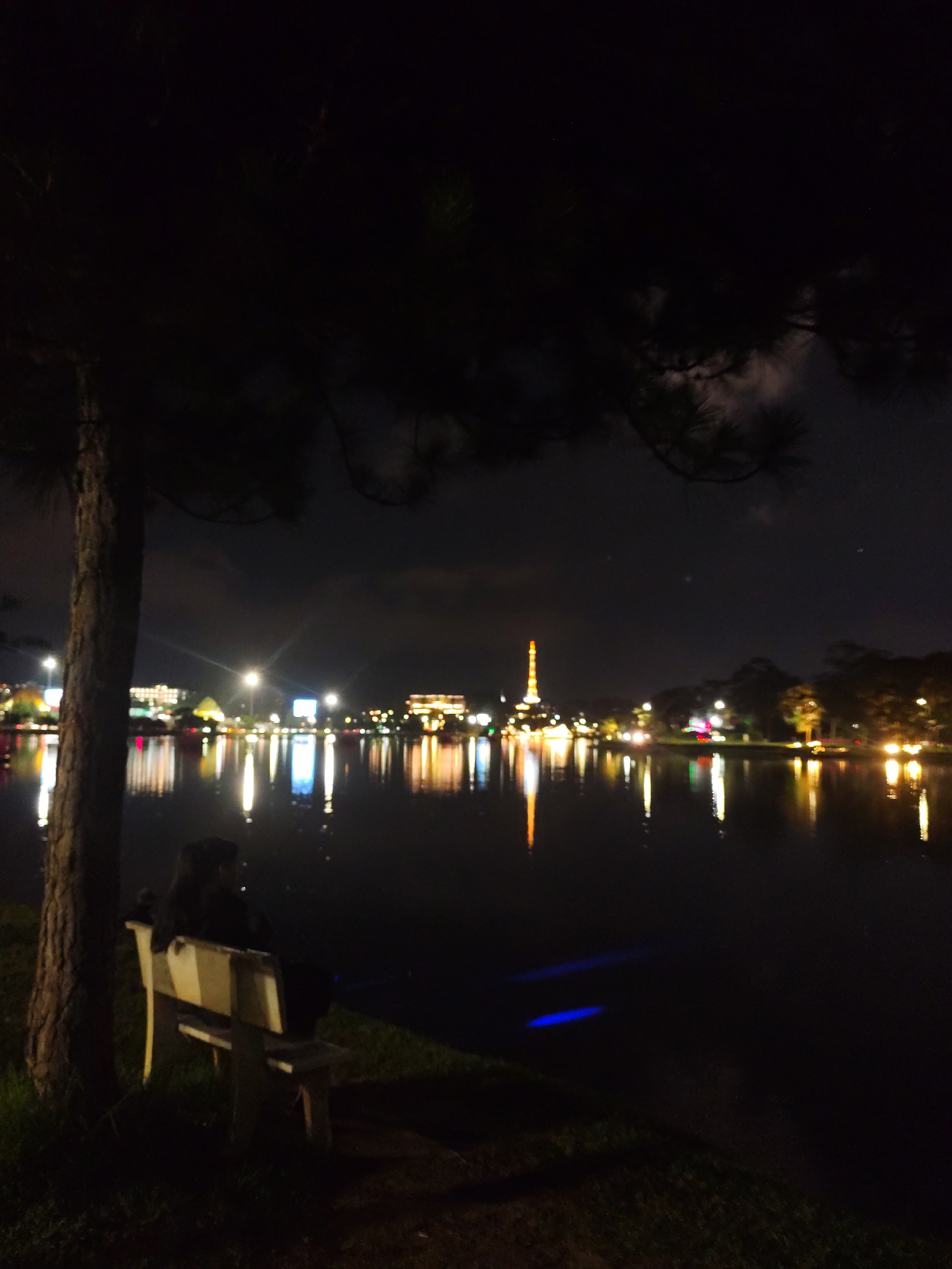 A nighttime scene shows a person seated on a bench under a tree, overlooking a lake. The lake reflects lights from buildings, including what appears to be a tower similar to the Eiffel Tower. The location is Xuan Huong Lake in Da Lat, Vietnam. The person is silhouetted, so details are unclear. The bench is partially obscured by the tree trunk. The background shows a skyline of various lit buildings and trees. The sky is dark with some clouds. There are two areas of blue light visible in the lake.