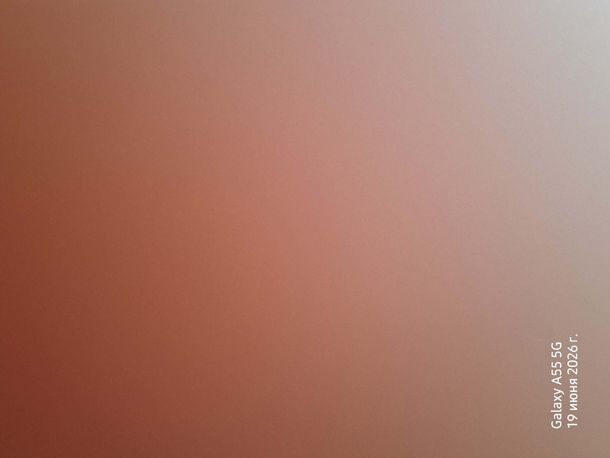 This is a media file that displays a gradient of colors, transitioning from a warm reddish-brown at the bottom left to a light greyish-pink at the top right. The overall texture of the image appears to be slightly grainy or textured.
In the bottom right corner of the image, there is visible text oriented vertically. The text reads "Galaxy A55 5G" and beneath it, "19 июня 2026 г.". This translates to "19 June 2026".
There are no discernible people, objects, or a specific scene depicted. The file appears to be a digital image with a superimposed text overlay, possibly a timestamp or a watermark. No information about the time of day, weather, or specific location cues (beyond the text mentioning "Galaxy A55 5G") is present in the visual content itself. The colors and gradient suggest an abstract or plain background rather than a natural environment. The provided location context of Rostov-on-Don, Russia, is not visually indicated within the image.