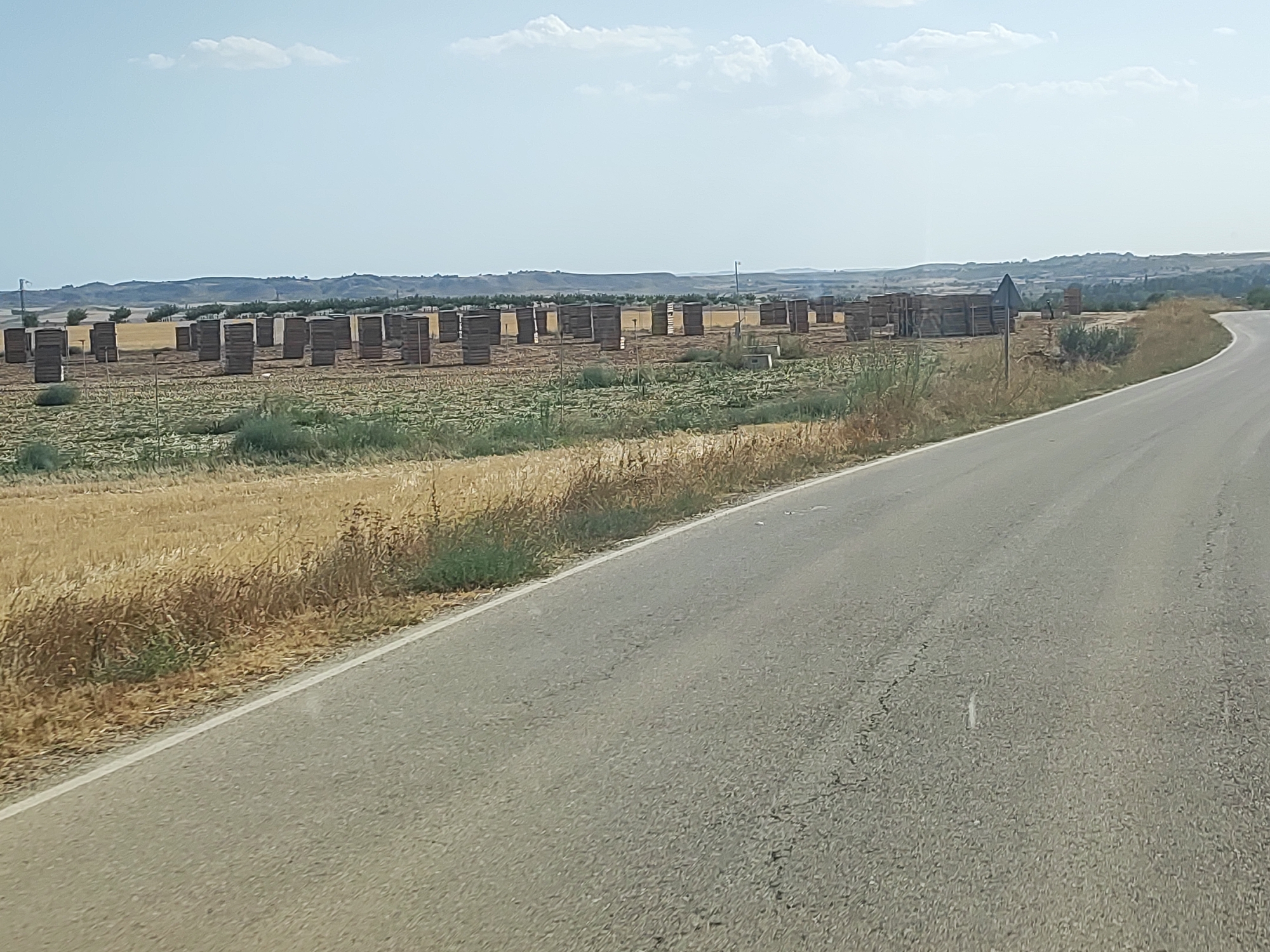 The image captures a rural landscape scene near Illana, Spain. In the foreground, an asphalt road curves to the right, bordered by dry, golden fields and patches of green vegetation. In the middle ground, a large field is filled with numerous stacked wooden crates or structures, arranged in rows. The crates appear to be of uniform size and are made of dark wood. Beyond the field, rolling hills and a hazy sky with scattered clouds complete the scene. There are no people visible in the image.