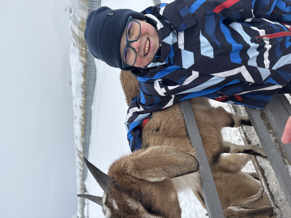 A young child, appearing male, is depicted in a snowy outdoor environment in Zaosinovo, Russia, interacting with goats. The child, positioned on the right side of the frame, wears a dark blue beanie, green-framed glasses, and a multi-colored winter jacket featuring blue, white, and red geometric patterns. He smiles towards the camera, with his left arm resting over the back of a light brown goat. This goat, possessing dark horns and long, floppy ears, stands behind a grey horizontal metal fence. The head of a second, similar goat is partially visible behind the fence to the lower left. The ground is entirely covered in white snow. In the background, multiple structures with snow-covered curved roofs are visible under an overcast grey sky. A small portion of a human finger is present at the bottom center of the image.