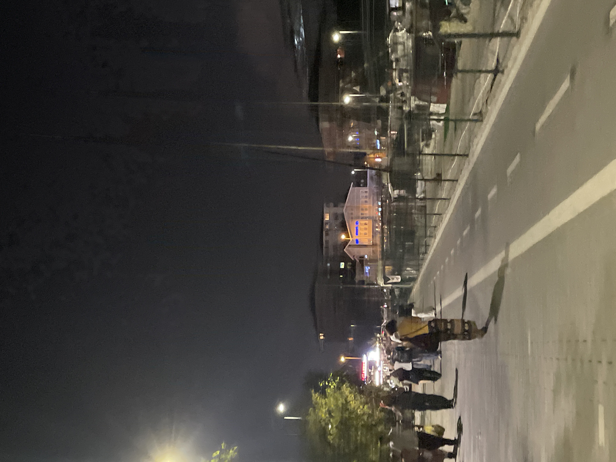 The image depicts a night scene on a promenade in Kadıköy, Turkey, likely near the Moda coast, characterized by artificial lighting and a dark sky. A paved pedestrian walkway runs parallel to a road or cycle path, separated by a low fence. Several individuals are walking along the promenade. In the foreground, a person wearing a long, patterned skirt and a yellow top walks away from the camera, casting a shadow on the pavement. Other people are seen in the mid-ground, some walking towards the camera and others away, appearing as silhouettes or with blurred features due to low light and motion.
On the left side of the promenade, trees with illuminated foliage are visible, suggesting street lighting or nearby establishments. Further into the background, buildings and structures are illuminated by streetlights and interior lights, with some showing signs of commercial activity, such as glowing signs. In the distance, a body of water, possibly the Sea of Marmara, is suggested by the reflective surfaces and the presence of boats docked in a marina. The overall atmosphere is that of a lively urban area at night.