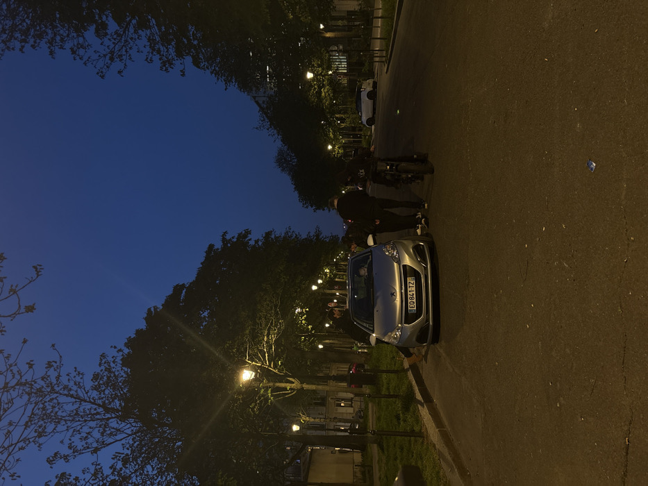 The image depicts a twilight or nighttime scene on a tree-lined boulevard in Paris, France. A silver Peugeot 208 hatchback, bearing French license plate EQ-841-TZ, is parked parallel to the curb on the left side of the street. Approximately five individuals, dressed in dark casual clothing, are gathered around the car. One person is visible in the driver's seat, illuminated by a device. Two individuals stand near the front passenger side of the vehicle, and another person stands near the rear passenger side. To the right of the Peugeot, a dark-colored motorcycle or scooter is parked upright in the street, facing away from the viewer, with an individual standing beside it. The street is illuminated by multiple warm-toned streetlights, which also cast light onto the mature trees lining the boulevard. A grassy median separates the road from a sidewalk on the left. In the distance, a white car is parked on the right side of the street. The sky is a deep indigo blue, and dimly lit buildings are visible behind the trees on both sides of the thoroughfare. The road surface is dark asphalt with minor debris visible in the foreground.