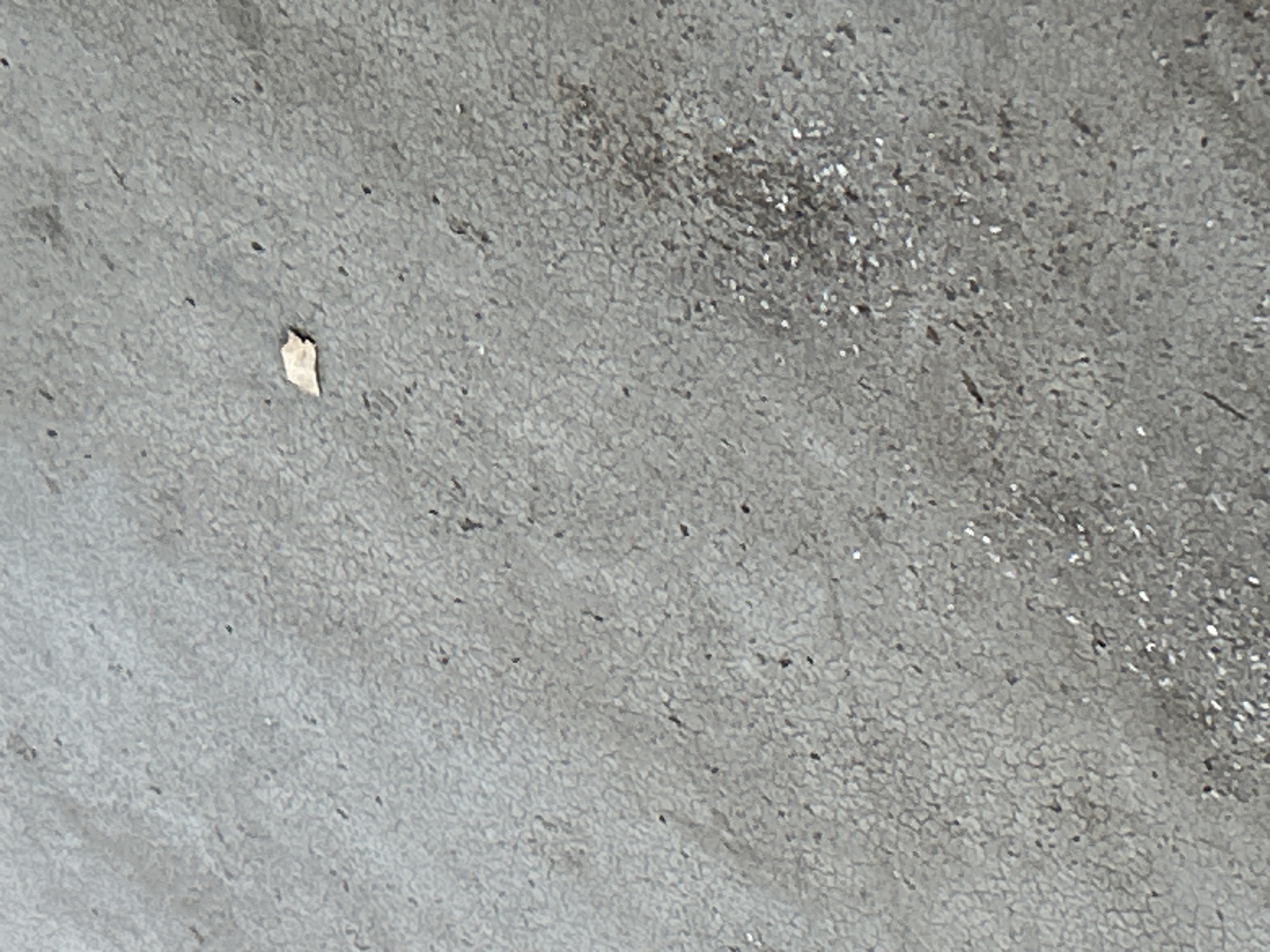 The image shows a close-up, overhead view of a textured, gray concrete surface. A single, small, dried brown leaf is visible near the top center of the frame. The concrete has a speckled appearance with numerous small dark and light flecks. In the lower right portion of the image, there is a cluster of lighter-colored, reflective particles, possibly gravel or debris. The scene is devoid of any human presence or discernible activity. The image is too abstract to determine a specific location within Santa Ana, Venezuela.