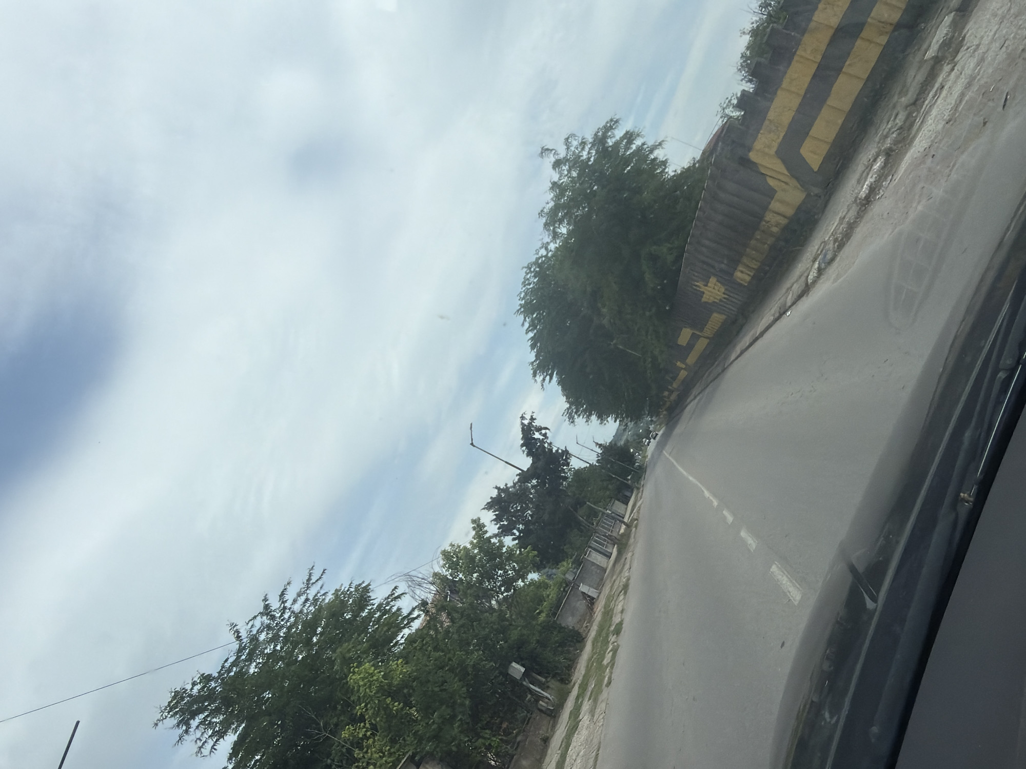 The image depicts an oblique view from inside a vehicle moving along a road, likely in Dolna Mitropolia, Bulgaria. The road has a solid white line marking the center. The right side of the road is bordered by a concrete structure with yellow and black stripes, possibly a barrier or a retaining wall. Beyond the road, vegetation, including trees and shrubs, lines the side. Streetlights are visible at intervals. The sky is overcast with a mix of white and light blue. The edge of the car's dashboard and windscreen are visible in the foreground.