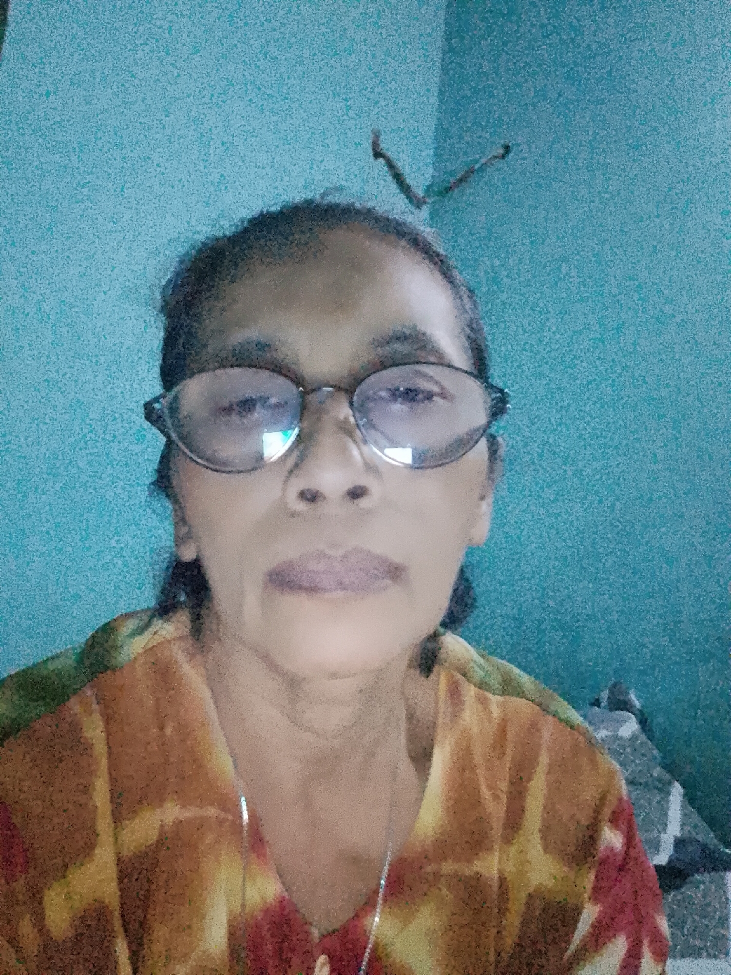An eye-level, head-and-shoulders portrait depicts an older woman, likely of Southeast Asian descent, directly facing the camera. Her expression is neutral and composed. She has dark hair, pulled back, and wears dark-framed glasses, with reflections of a light source visible on the lenses. Her skin tone is medium-dark. She is dressed in a patterned shirt featuring shades of orange, red, and yellow, possibly a batik or similar textile design, and a thin, silver-colored necklace hangs around her neck.
The background consists of a plain, light blue-green wall, which exhibits noticeable digital noise or grain. In the upper-central portion of the wall, two small, dark, V-shaped objects, possibly branches or wires, protrude. To the right of her right shoulder, a small section of a grey and white patterned object is visible, hinting at furniture or another decorative element in the room. The lighting in the image has a cool, bluish cast, suggesting an indoor setting under artificial or low natural light. No text is visible in the image. The setting appears to be a casual indoor environment, consistent with a home in Kecamatan Pati, Indonesia.