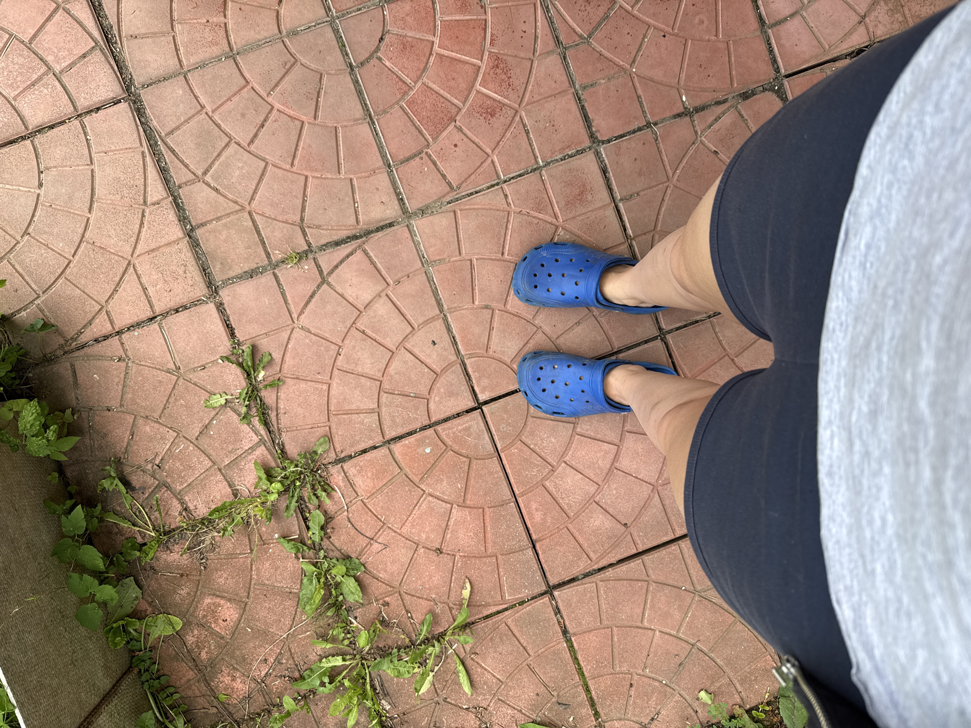 A first-person perspective shot shows a person standing on a tiled patio outside. The tiles are reddish-brown and circular in design, with some weeds growing between them. The person is wearing blue Crocs, dark shorts, and a light gray t-shirt. The shot is taken from the waist up, looking down at the person's feet. The environment appears to be a yard or garden area. The location is Дзержинец-83 Снт, Russia.