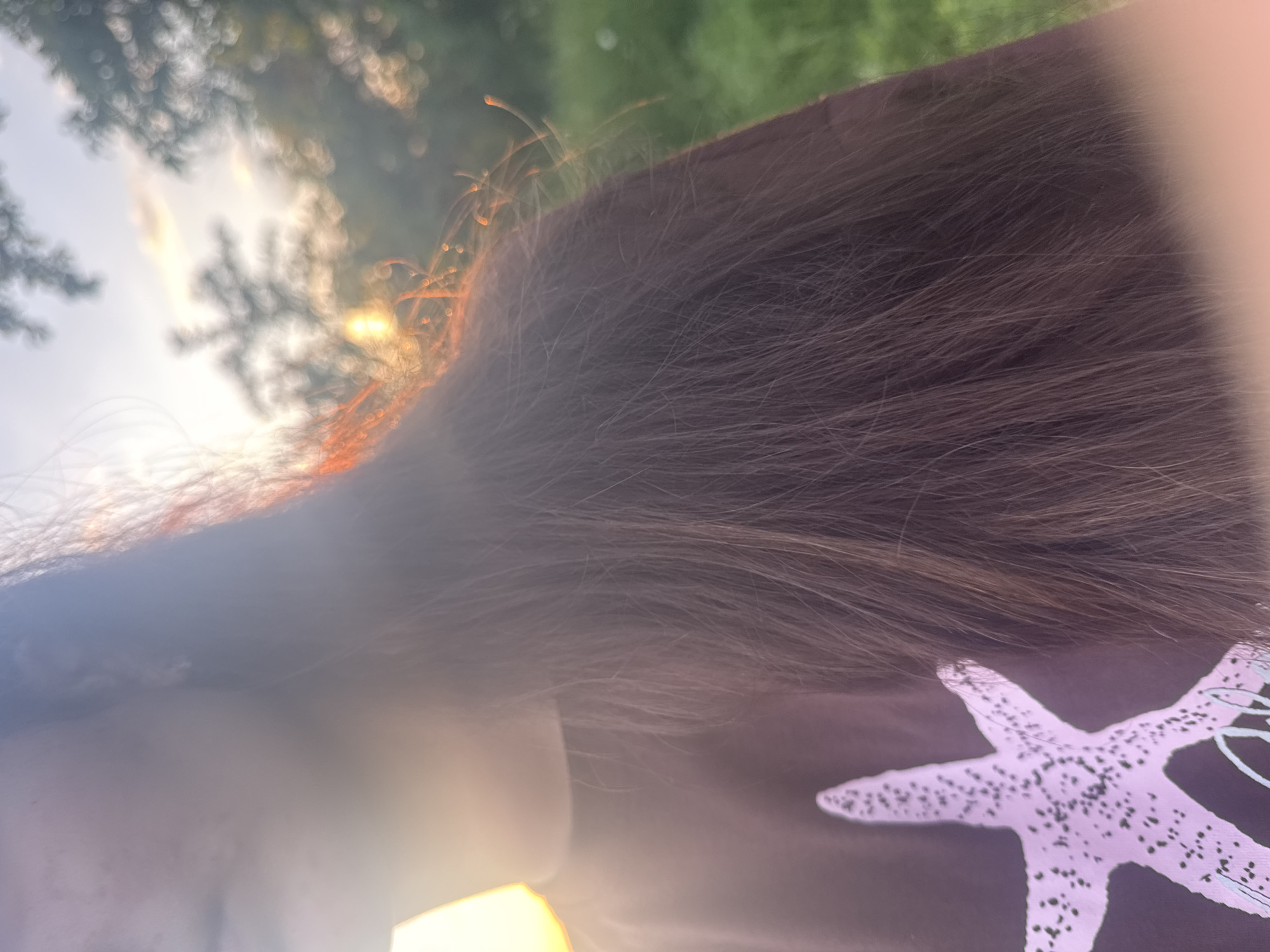 The image depicts a person, likely female, situated outdoors in Ohuivka, Ukraine. A strong, bright light source, consistent with direct sunlight, is present on the far left, creating a significant lens flare that obscures the left side of the subject's face and upper body. The person has long, dark brown hair, which is illuminated by the backlighting, causing individual strands, particularly along the top and right, to glow with a warm hue. The individual is wearing a dark-colored shirt, featuring a large, light pink starfish design with black speckles located on the lower left portion of the garment. The background consists of a soft, light-toned sky in the upper frame, transitioning to blurred green foliage and tree silhouettes, with distinct bokeh effects visible in the upper right quadrant. The person's posture appears still, with no specific action depicted.