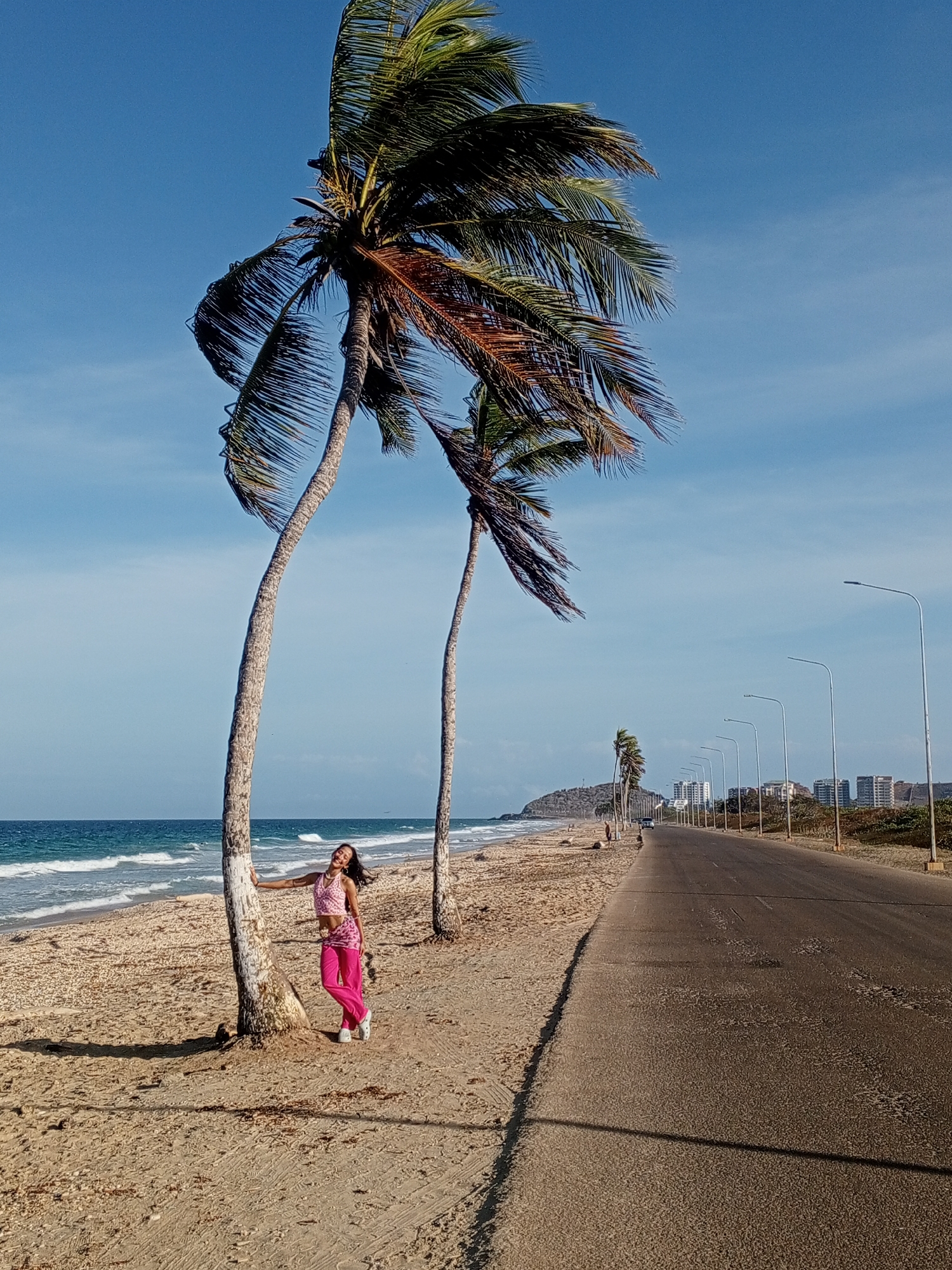 A medium-shot landscape photograph captures a woman standing next to a palm tree on the beach in Porlamar, Venezuela. The woman, dressed in a pink patterned halter top and matching pink pants with white sneakers, leans against the curved trunk of a palm tree, her face turned towards the viewer with a smile. The sandy beach stretches along the left side of the frame, meeting the ocean, which has small waves visible. The horizon line is at the upper left, with a clear blue sky above.
To the right of the beach is a paved road running parallel to the coastline. On the other side of the road are more palm trees and a series of evenly spaced light poles. Further in the background, buildings line the skyline, typical of an urban area. The lighting suggests it is daytime, with shadows cast by the palm trees onto the sand. The image captures a typical beach scene with an urban backdrop, commonly found in the city of Porlamar.