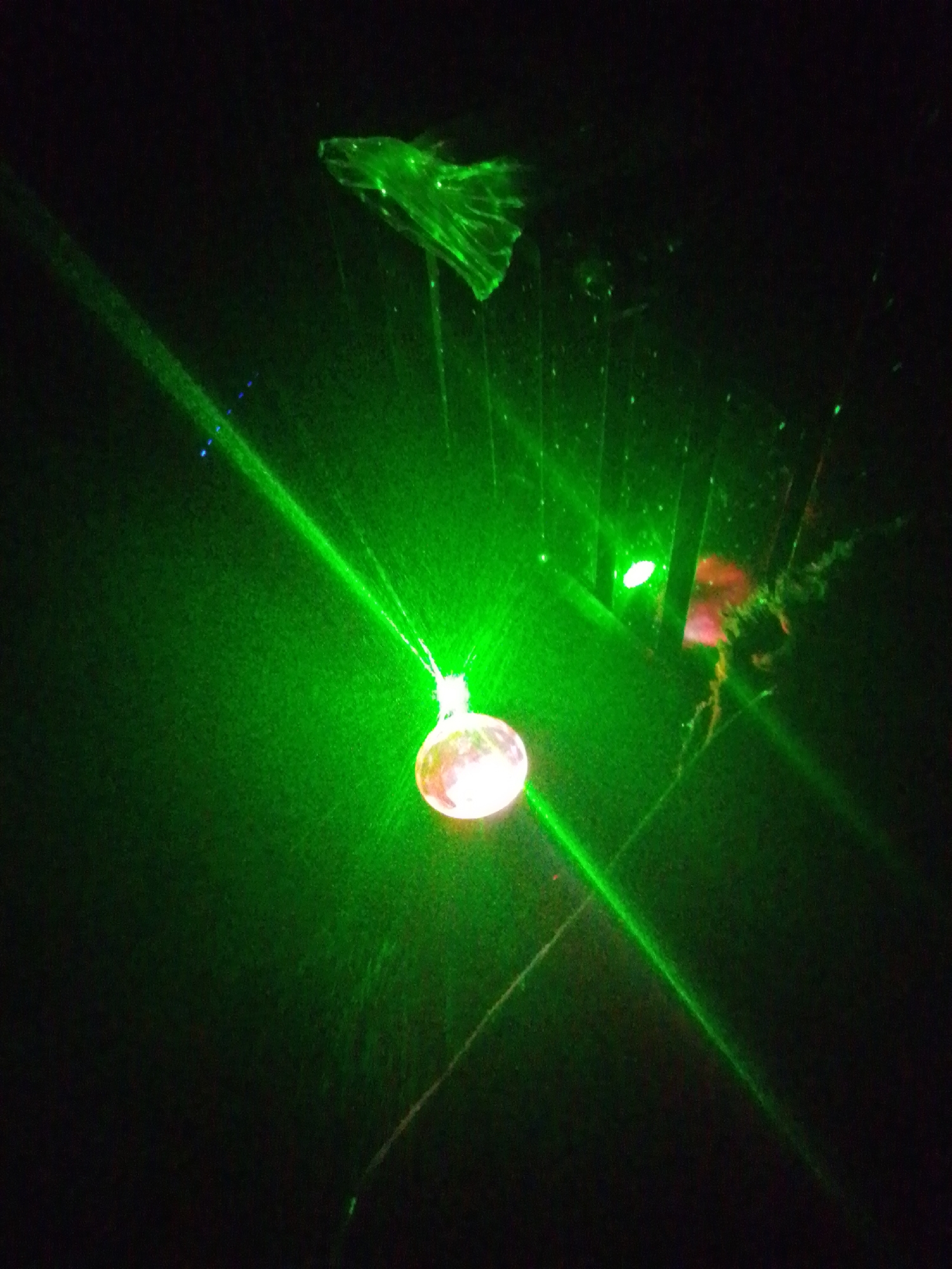 The image displays a dark, undefined environment, illuminated primarily by multiple green laser beams and scattered green light. A translucent, spherical object, exhibiting a distinct yellowish-orange luminescence on its surface, is centrally located in the lower-middle portion of the frame. A strong, focused green laser beam traverses the scene from the lower-left, directly impacting this spherical object and causing significant light scattering from its surface, creating a starburst effect. The path of this laser beam is visible due to the interaction with airborne particulates. Faint blue light points are discernible along the primary green laser beam's trajectory in the upper-left quadrant. In the upper-right quadrant, indistinct, angular, and somewhat translucent structures, possibly fragmented acrylic or glass, are partially illuminated by diffused green light. Behind and intertwined with these structures, a diffuse reddish-orange glow is observed. Multiple dispersed green light points and streaks are present throughout the dark background, indicative of further light scattering or reflections. No individuals or identifiable equipment are visible. Location: Unknown, Unknown.