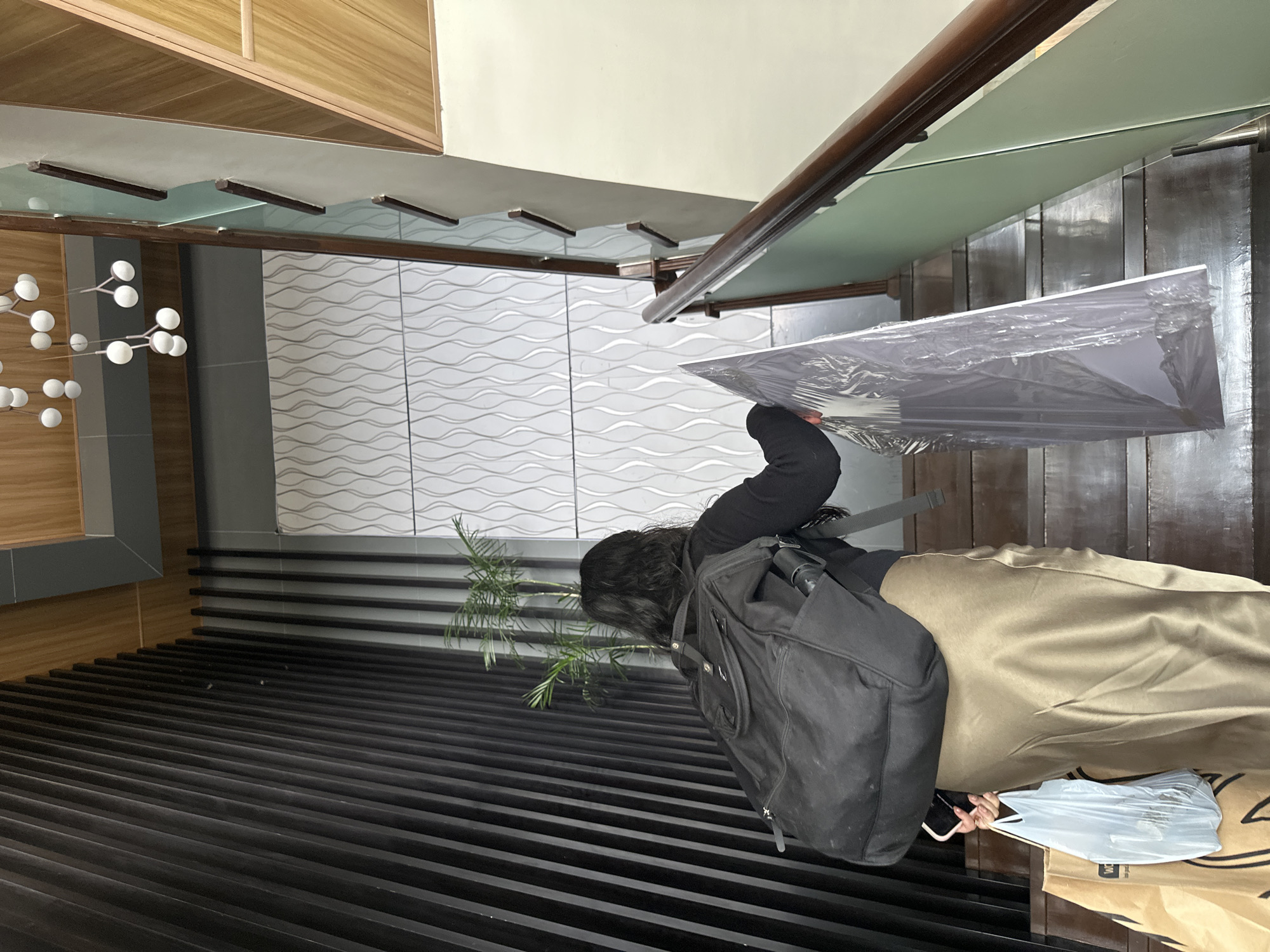 A person walks up a wooden staircase, carrying a large, flat object wrapped in clear plastic. They are also holding two shopping bags, one paper and one plastic, and have a black backpack on. The staircase has a glass railing with a wooden handrail. The walls are decorated with a black slatted feature and a white textured pattern. A potted plant is visible in the background. The scene appears to be indoors.