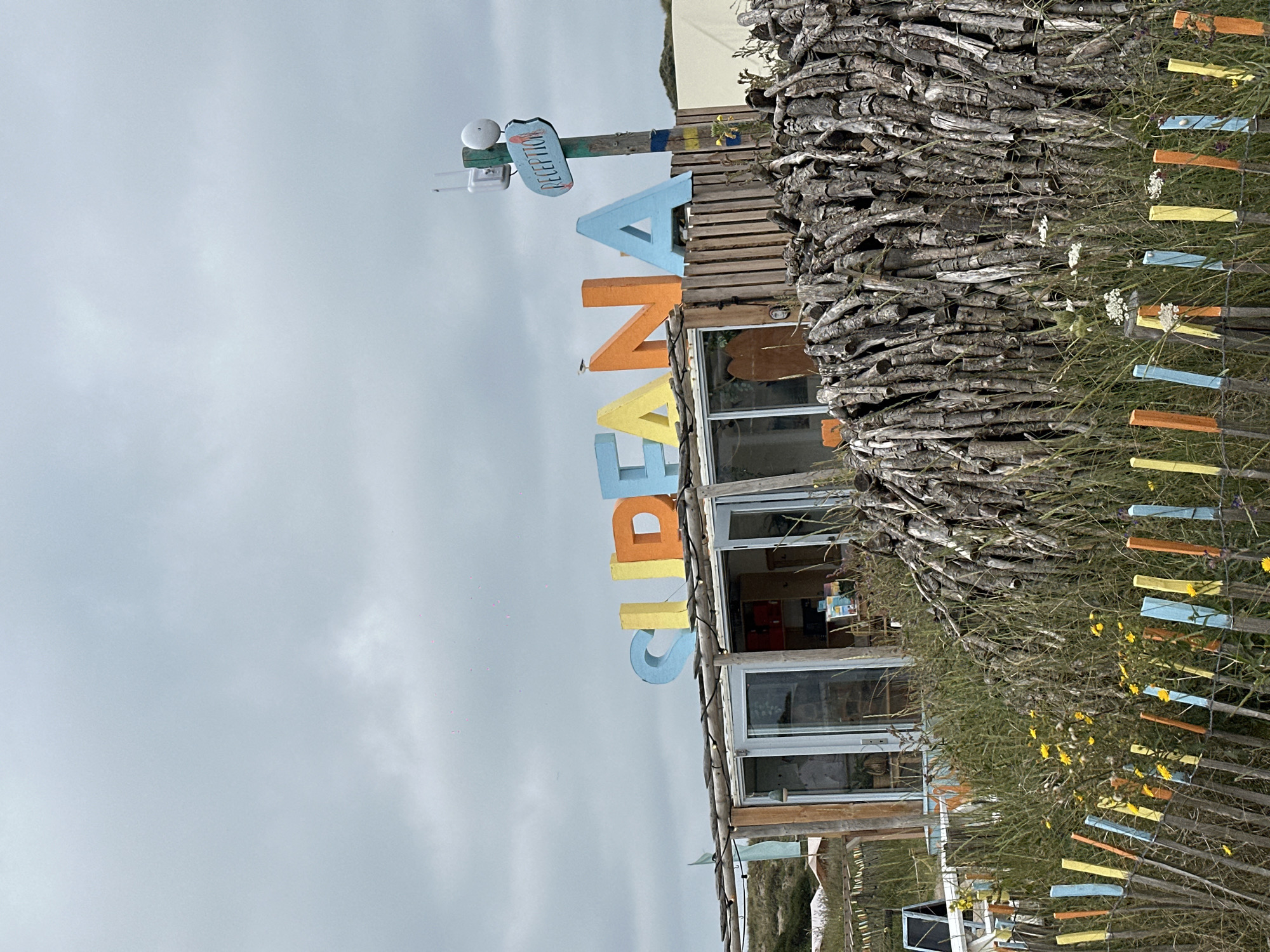 The image depicts a beachside establishment in Overveen, Netherlands, with the prominent sign "SURFANA" in colorful, large, three-dimensional letters above a wooden building with glass doors. To the right, a wooden pole with a directional sign reading "RECEPTION" and a small antenna system is visible. The building is surrounded by tall grasses and a fence made of thin, colorful wooden stakes. A large pile of rough-hewn logs is situated in front of the building, adding a rustic element to the scene. The sky is overcast with a grey, cloudy expanse. The overall impression is one of a casual, beach-oriented business, likely a surf school or rental, given the "SURFANA" signage.