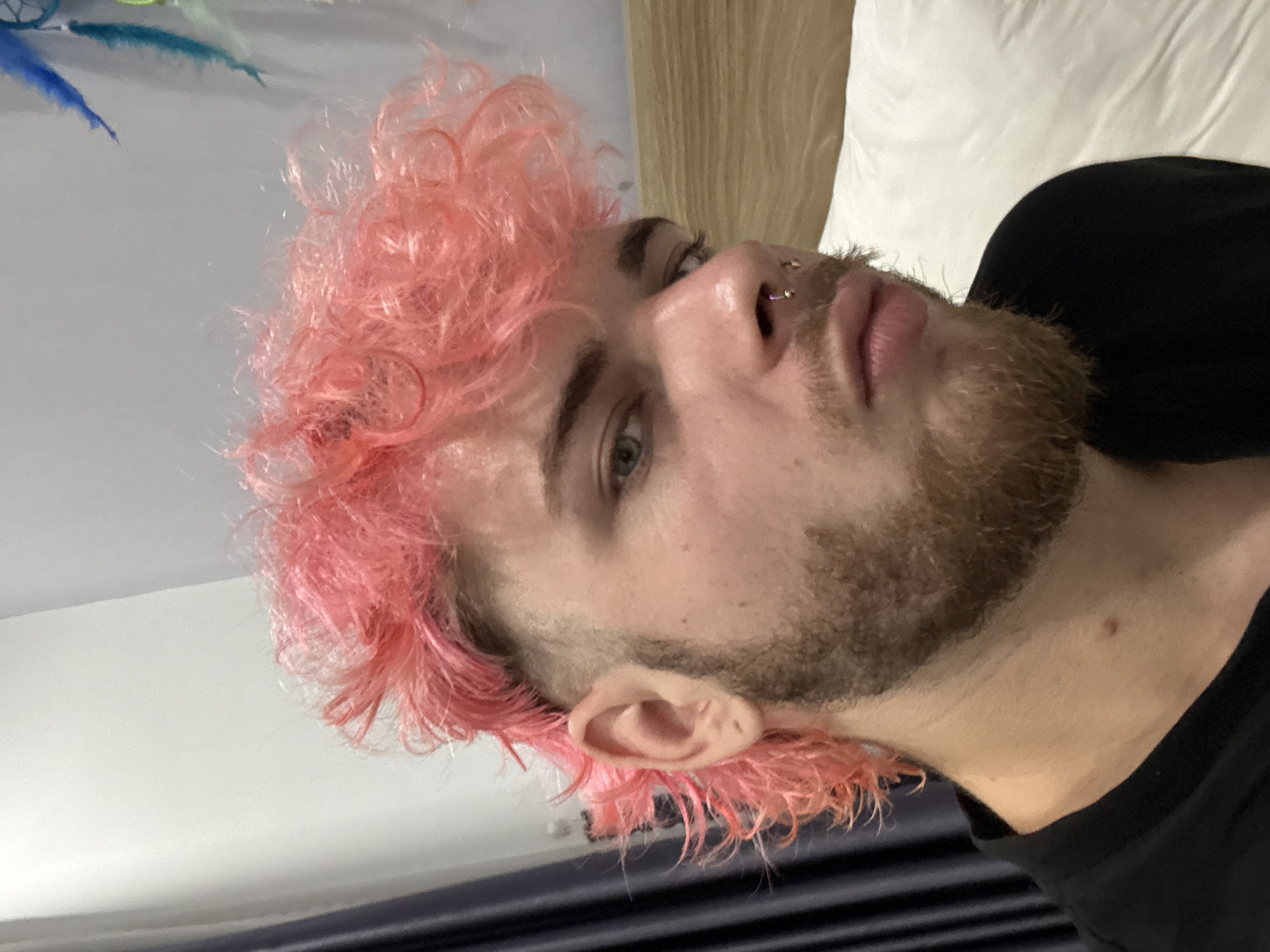 A medium shot shows a fair-skinned male with pink, curly hair and a brown beard. He has a nose piercing. He is wearing a black shirt. A white pillow and tan headboard are behind him. The bottom of the frame shows what looks like window blinds. This image does not provide sufficient information to determine a location in Đà Nẵng, Vietnam.