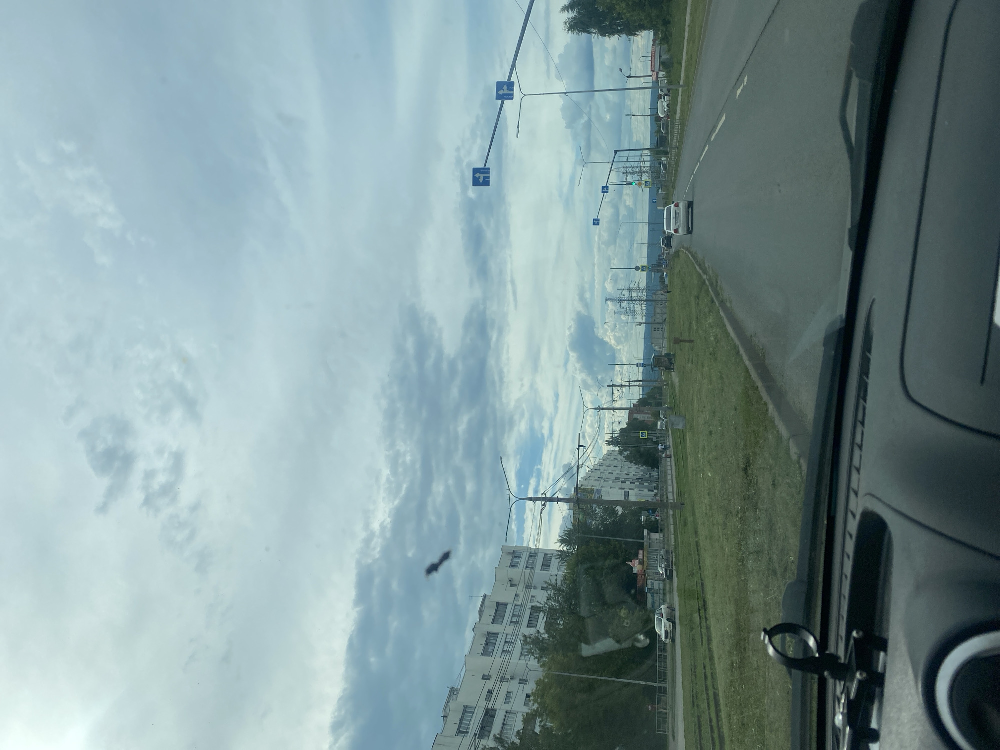 The image is a view from the interior of a car, looking out at a street scene in Samara, Russia. The sky is cloudy and overcast. On the left side of the road are large, multi-story apartment buildings and green grassy areas with trees. A tram track is visible in the grassy median. Several cars are on the road, with one white car ahead of the viewer's car. Traffic signs indicating lane directions are visible overhead. On the right side of the road, there are more trees and some buildings, possibly commercial establishments, and utility poles with power lines. The road appears to be a multi-lane highway. A dark, irregular object, possibly a bird or insect, is visible in the sky in the upper left quadrant of the image. The interior of the car shows the dashboard and part of a car mount or accessory.