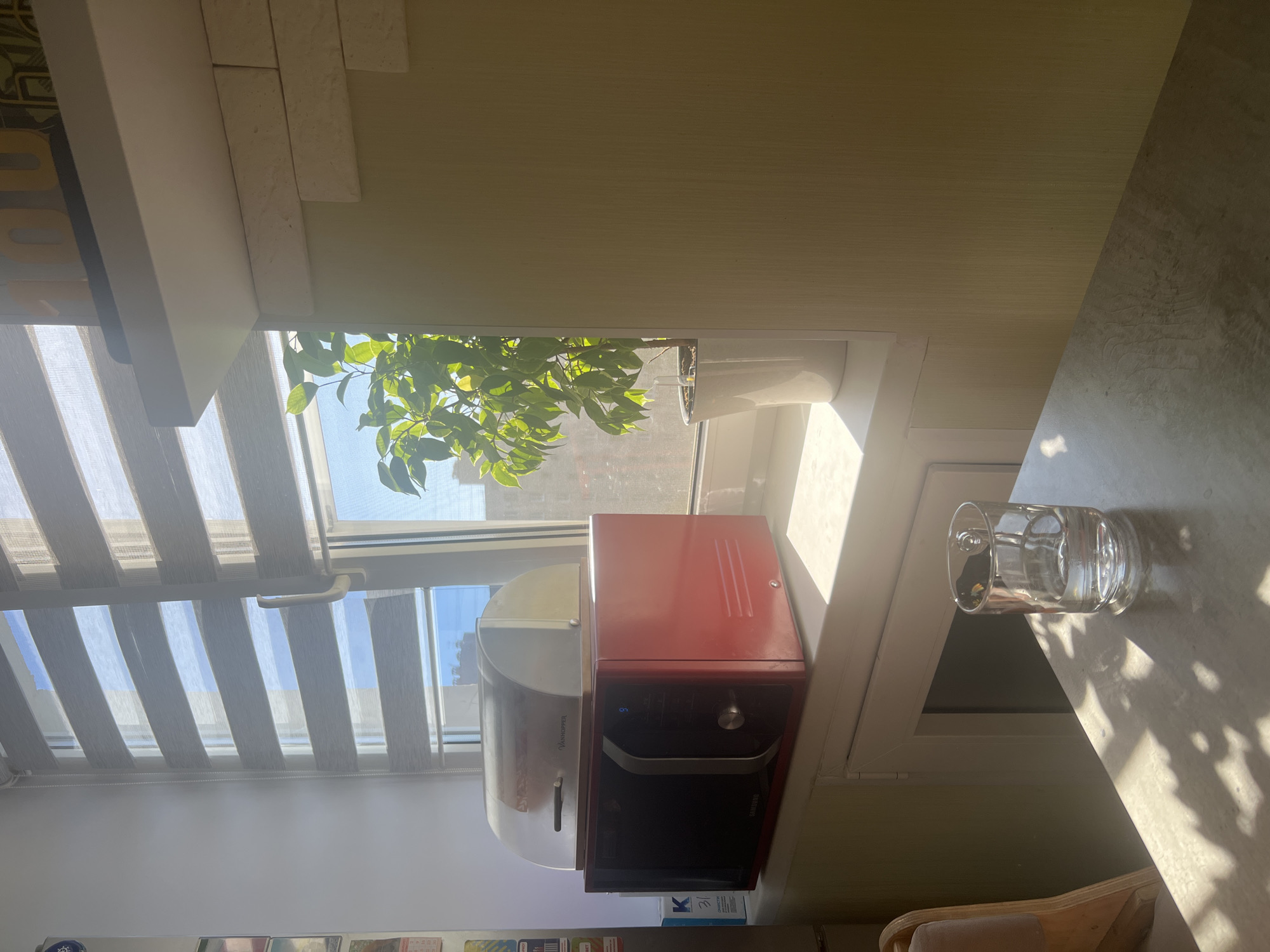 The image depicts a domestic kitchen scene illuminated by natural sunlight streaming through a window. A red microwave oven is positioned on a windowsill, topped with a clear plastic breadbox. To the right of the microwave, a potted green plant sits on the windowsill. In the foreground, a glass of water rests on a table. The wall in the background has a textured, pale yellow wallpaper and a shelf above the plant. The window is covered with horizontal blinds that allow light to filter through. The scene is set in an apartment in Volgograd, Russia, as indicated by the provided metadata.