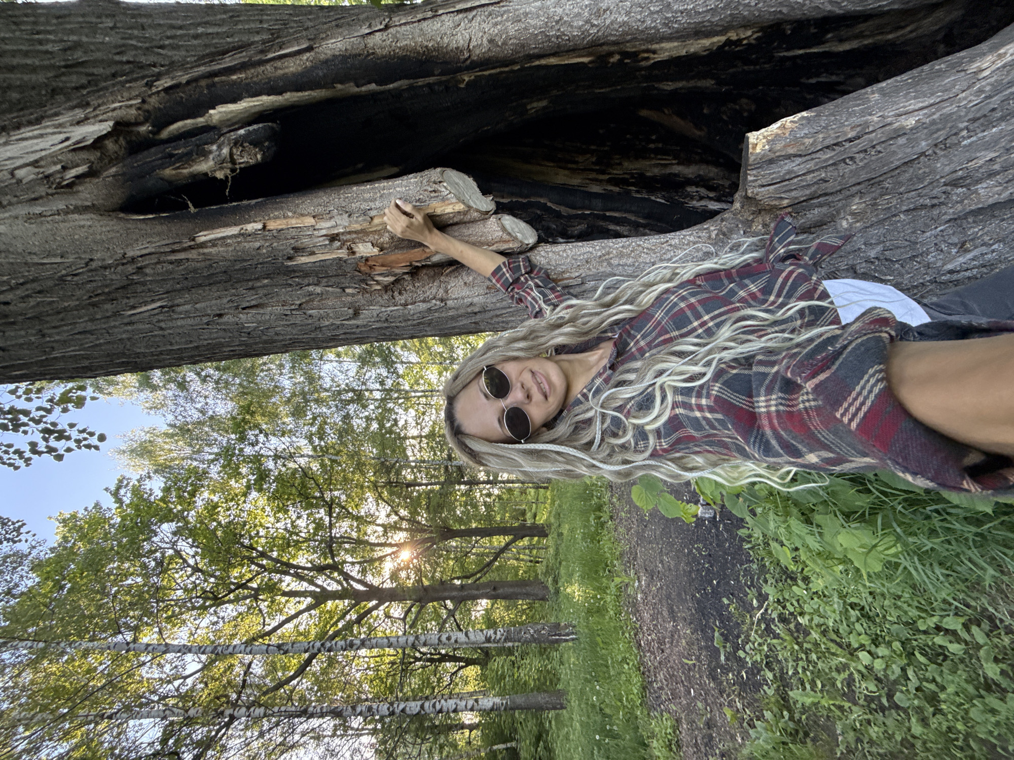 A woman with long, blonde, wavy hair and round sunglasses is seen smiling and leaning against a large, horizontally positioned tree trunk. She is wearing a plaid shirt featuring red, black, and white patterns. Her right hand is visible, grasping a piece of the tree's wood. The tree trunk appears partially hollowed out and blackened inside, suggesting natural decay or past damage.
The setting is an outdoor, natural environment, likely a forest or park in Rusanovo, Russia. In the background, numerous trees with green foliage are visible, including some with distinctive light-colored bark, possibly birch trees. The sun, low in the sky, shines through the trees, creating a warm glow and noticeable sunbursts, indicating either late afternoon or early evening. The ground is covered with green grass and a visible dirt path. The woman appears relaxed and happy, posing for the photograph. There is no visible text in the image.