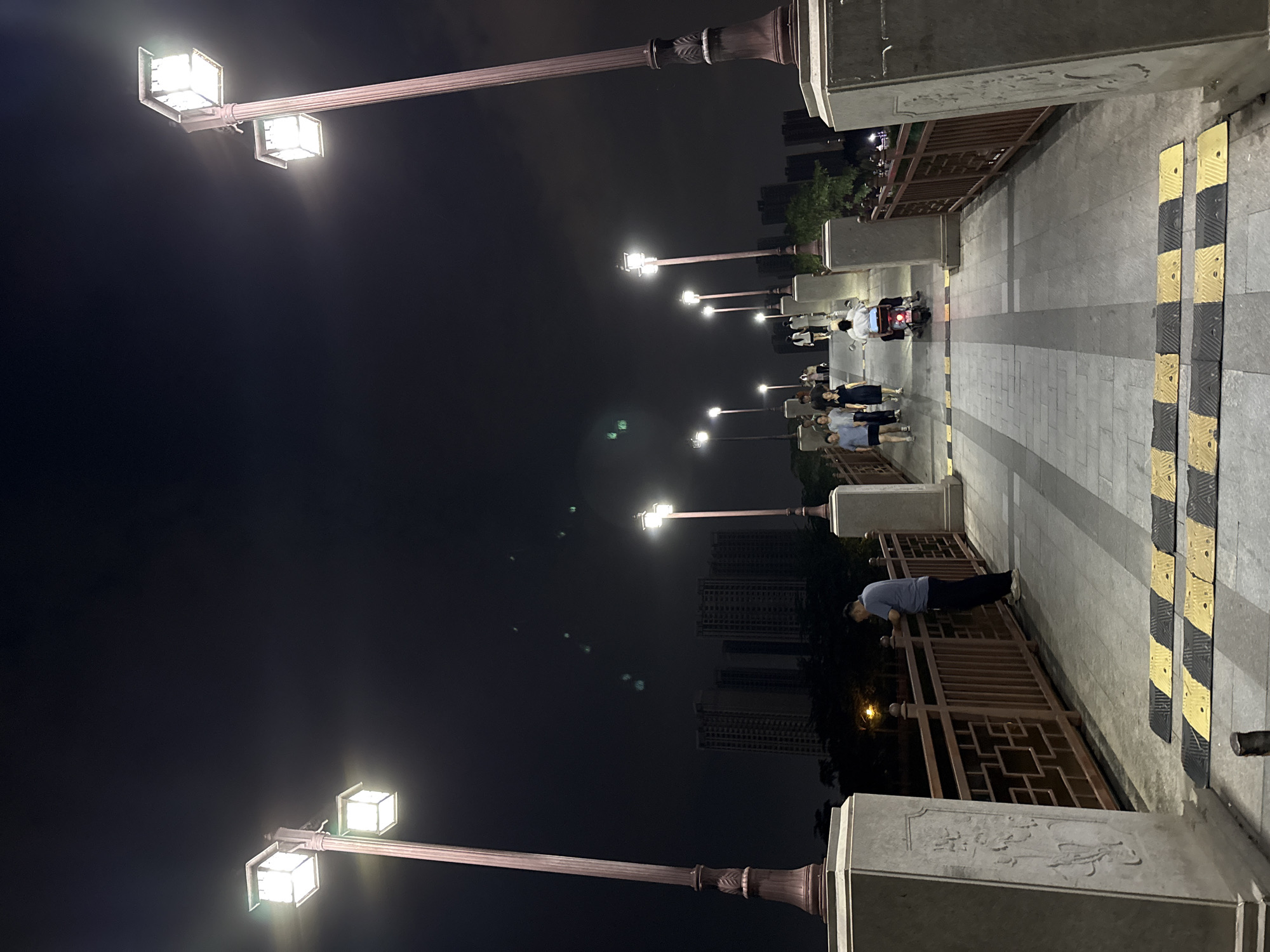 This is a night-time, eye-level, full-shot photograph taken on a pedestrian bridge in Huizhou, China. The bridge, made of concrete and stone with ornate railings, is illuminated by ornate street lamps. A few people are walking on the bridge, including a man in a blue shirt and dark pants leaning on the railing, a group of people walking together further down the bridge, and a person riding a scooter. In the background, city buildings and trees are visible against a dark sky. The foreground of the bridge features speed bumps.