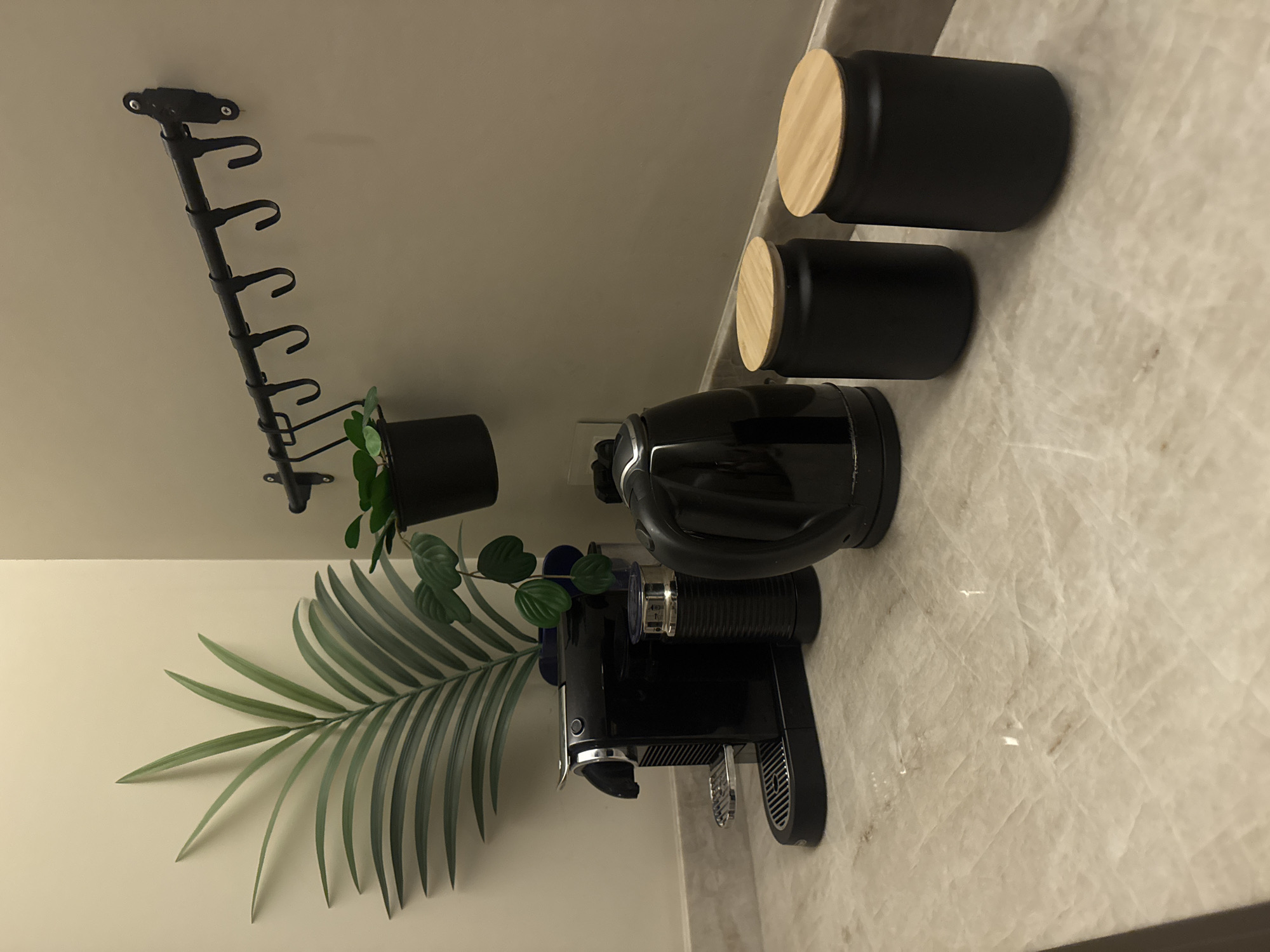 The image depicts a countertop scene, likely in a kitchen or kitchenette, with several items arranged on a marble-like surface. A black Nespresso machine dominates the scene, positioned near two black canisters with light wood lids. In the background, against a light beige wall, a black metal rack with hooks is mounted, and a small potted plant hangs from it. A large green palm frond rests against the wall. The location in Tel-Aviv, Israel, is not apparent from the visual details.