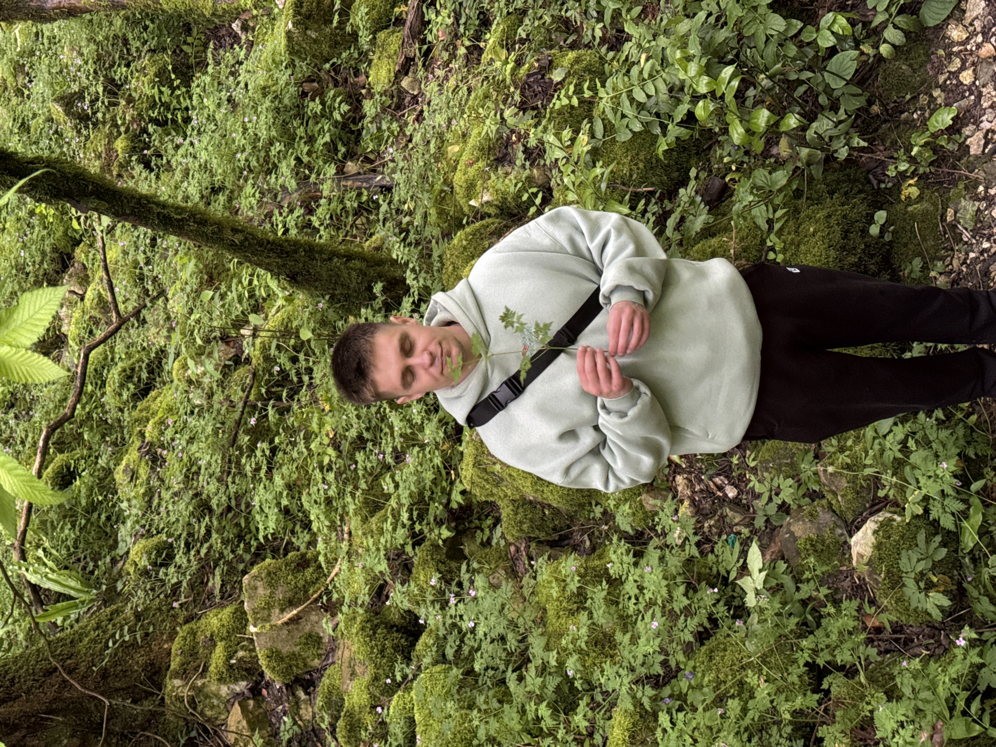 A man is standing in a lush, green environment that appears to be a forest or heavily vegetated area. The man is wearing a light green hoodie, black pants, and a black shoulder strap. He is holding a small leafy branch. The ground is covered in moss, various plants, and small rocks. The environment appears natural and somewhat wild. There are no visible man-made structures, suggesting the image was taken outside of urban Tsabal, Abkhazia, in a heavily wooded area or surrounding nature.