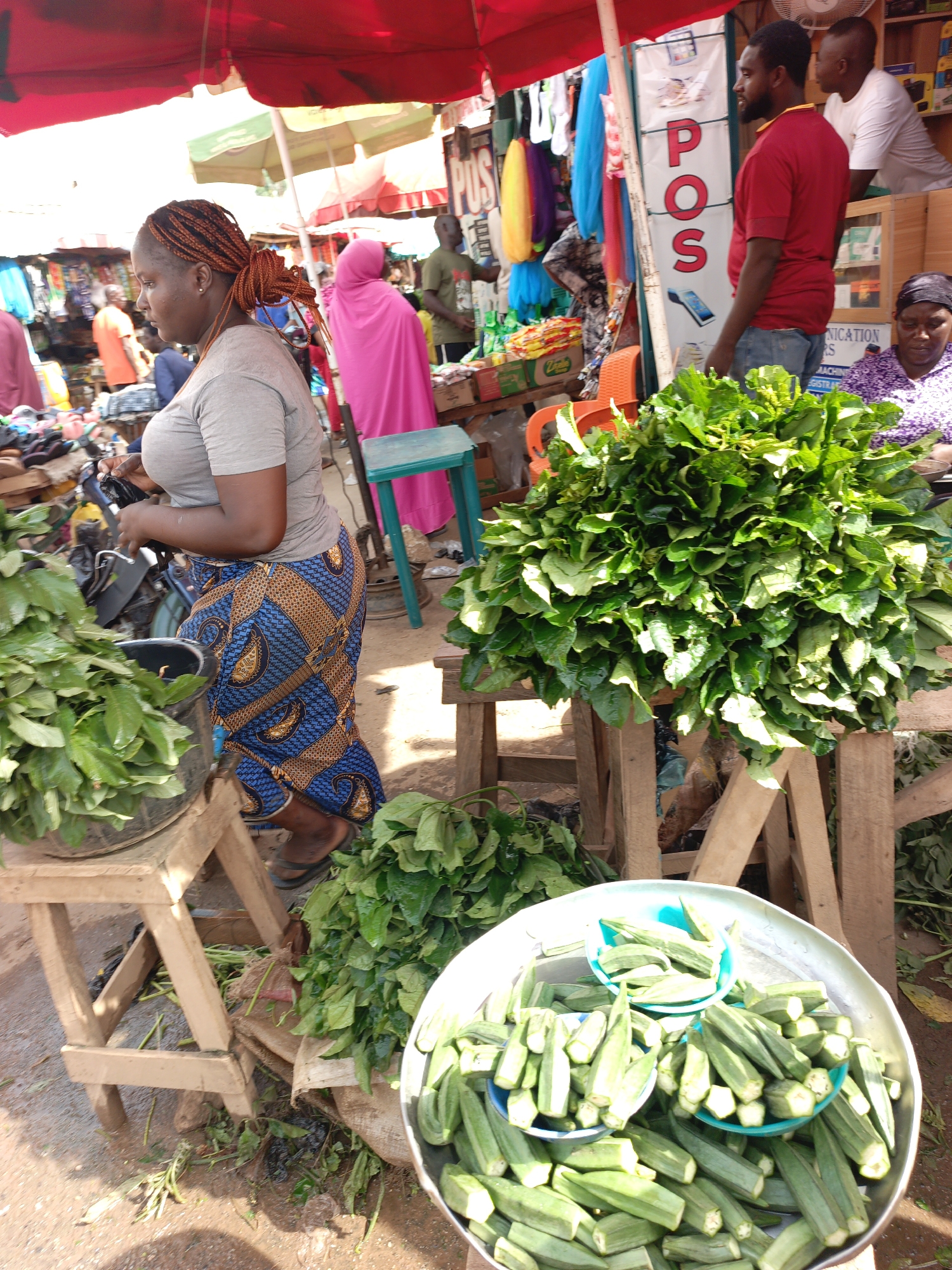 The image depicts a bustling outdoor market scene in Akwanga, Nigeria. A woman with brown braided hair, wearing a gray t-shirt and a patterned blue and brown wrap skirt, is handling something near a display of leafy green vegetables in a metal pot on a wooden stand. In the foreground, a large metal bowl is filled with okra, some of which are in small blue bowls. Behind the vegetables, a man in a red shirt is standing near a POS terminal sign. A woman wearing a pink hijab is also visible in the background. Various market umbrellas and merchandise are present, indicating a busy commercial environment.