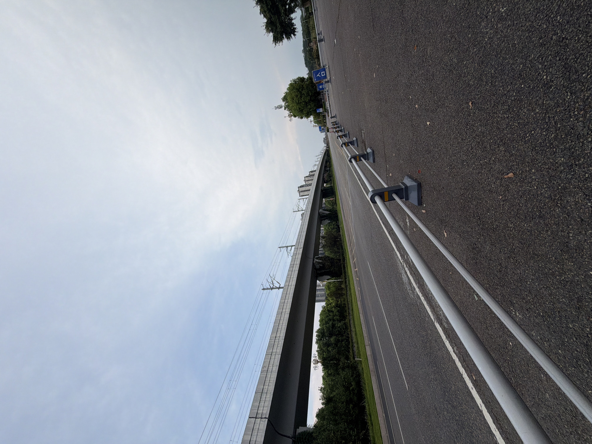 The image depicts an outdoor scene in Jiangjin, China, featuring a road with a metal guardrail running along the right side. The road is paved with asphalt and has white lane markings. To the left of the road, there is a grassy median and a raised concrete structure, possibly an elevated train track, with overhead wires. A line of trees borders the road and the elevated structure. In the background, buildings and a telecommunications tower are visible. The sky is overcast with scattered clouds. Several orange traffic cones are placed along the road. Two blue signs are also present, one with Chinese characters, one with a parking symbol. The overall scene suggests a transportation corridor within an urban or suburban area.