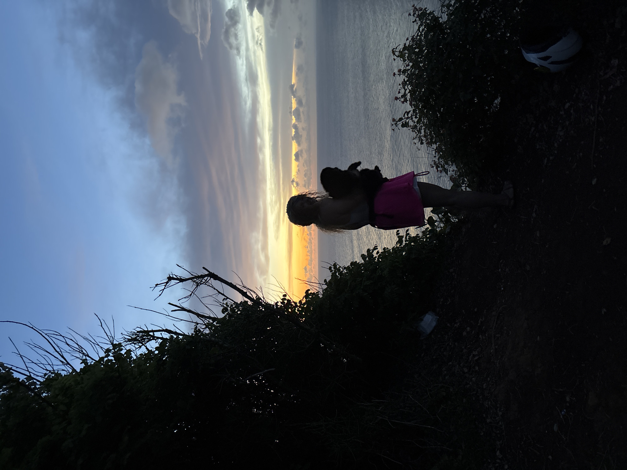 A silhouetted person with long hair, wearing a light-colored top and a pink skirt, is standing on a cliff overlooking the ocean at sunset. The person is holding what appears to be a small dog. The sky is a mix of blue, grey, and orange, with the sun setting on the horizon. The foreground is filled with dark shrubbery and vegetation. A white object, possibly a helmet, is visible among the vegetation at the upper right corner. The location is likely Uluwatu, Indonesia, given the landscape.