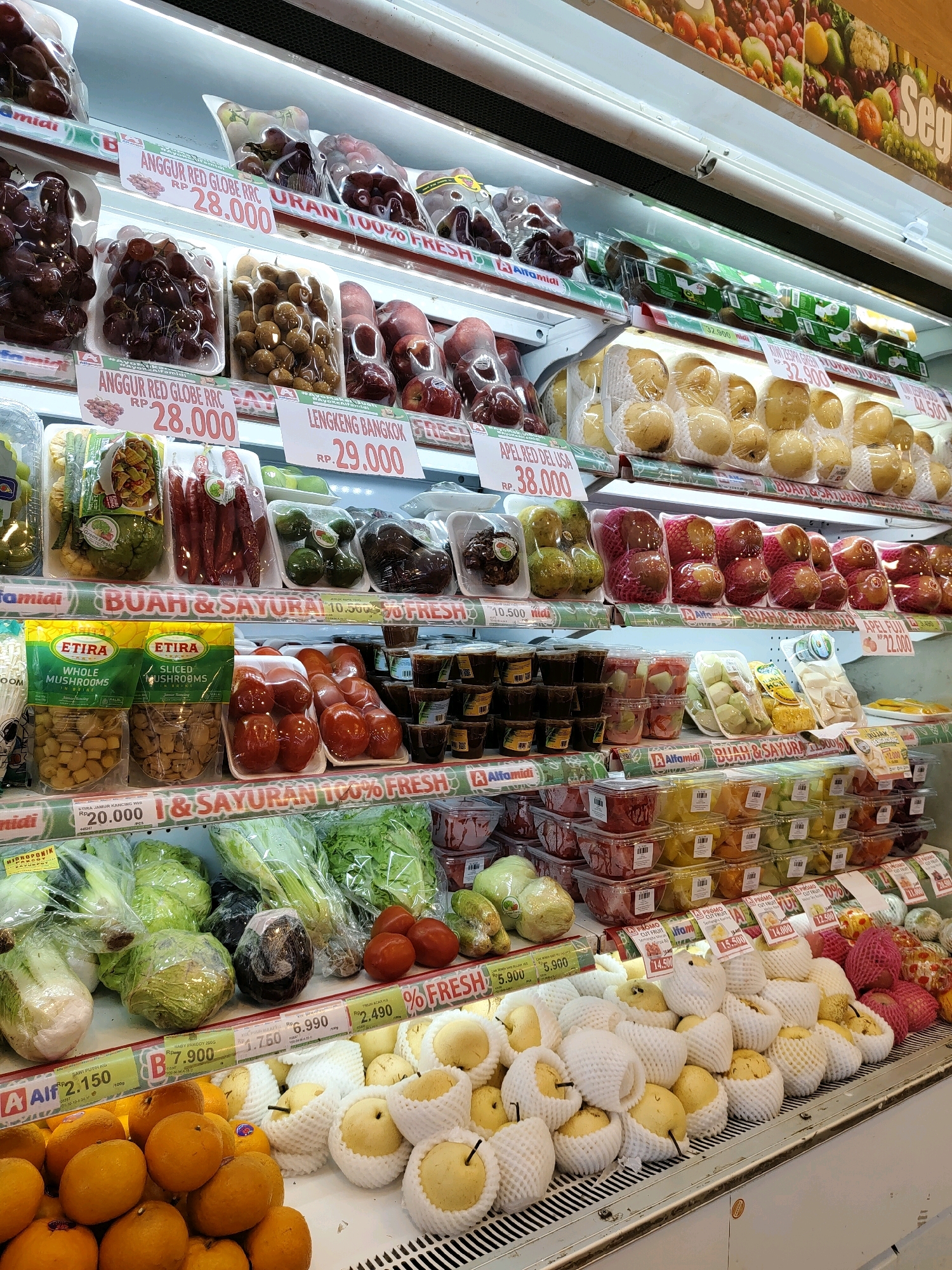 The image shows a refrigerated display case in a supermarket in Probolinggo, Indonesia, stocked with a variety of fresh fruits and vegetables. The produce is neatly arranged and packaged. On the top shelves, there are plastic containers of grapes, pears, and apples. The middle shelves contain more apples, along with packed longans, kiwis, avocados, and what appear to be prepared fruit salads. The lower shelves display bagged mushrooms, whole cabbages and other leafy greens, tomatoes, and a pile of oranges. There are price tags visible for many of the items, indicating prices in Indonesian Rupiah. The overall environment is clean and well-lit, typical of a modern grocery store.