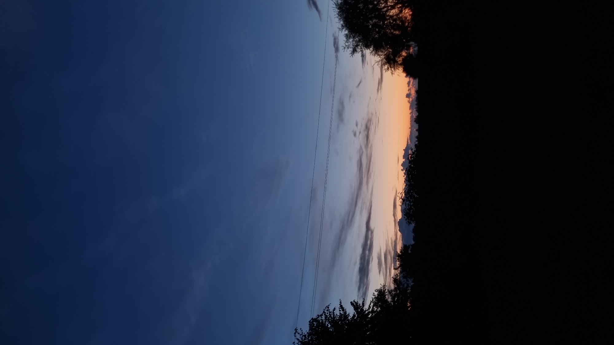 The image captures a dusky sky with a gradient of deep blue at the top transitioning to orange and pink hues near the horizon. Thin, wispy clouds are scattered across the sky. Two power lines stretch horizontally across the frame, silhouetted against the lighter sky. The foreground is dominated by a dark, silhouetted landscape of trees and foliage, obscuring any details of the ground or specific location. The scene is devoid of any people or discernible objects within the silhouette. The overall atmosphere is tranquil and indicative of twilight. The provided text suggests the location is Vysokoe, Russia, though this is not visually verifiable from the image itself.