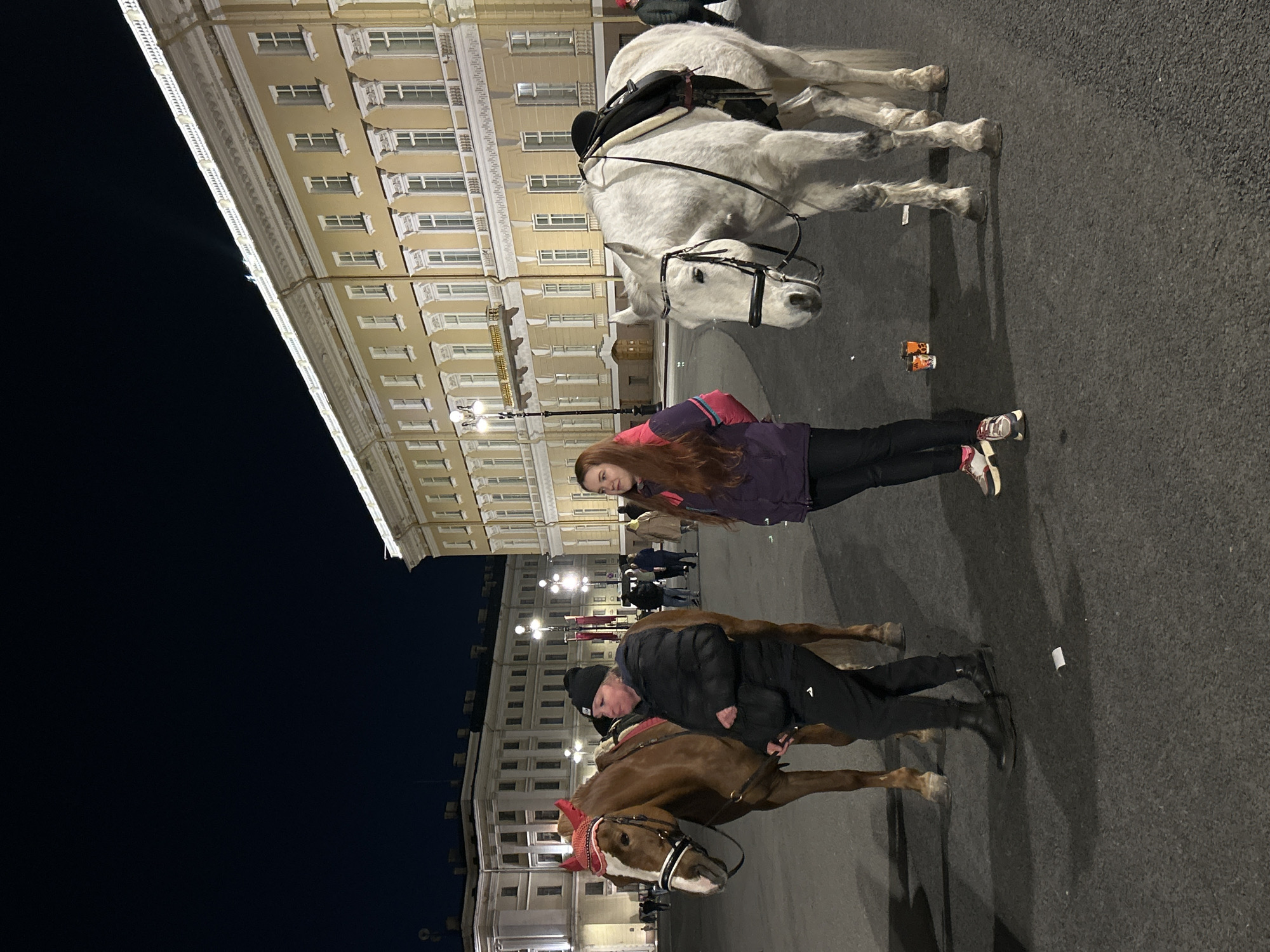 The image shows a nighttime scene in Saint Petersburg, Russia, specifically in Palace Square. Two horses are present: one white and one brown. The white horse has a saddle. A woman with long reddish hair stands near the white horse, wearing a purple jacket and dark pants. A man in a black jacket and black pants is next to the brown horse, leaning against it. The brown horse has red decorative elements on its head. In the background is the Winter Palace. Several street lights are visible. Trash is on the ground. Other people are walking in the background.