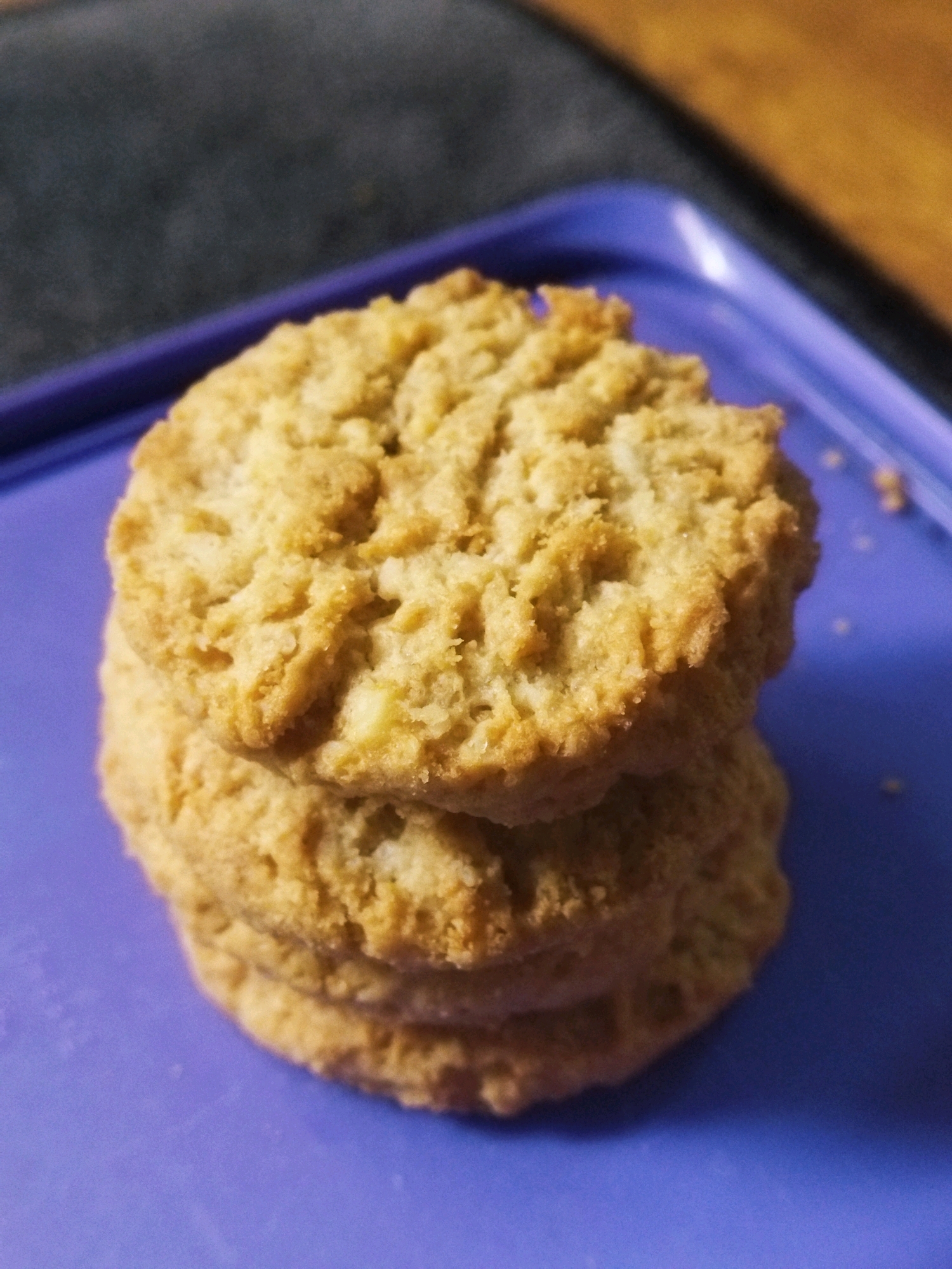 A close-up, eye-level, slightly angled shot captures a stack of three golden-brown cookies on a textured purple surface. The cookies exhibit a slightly rough, homemade appearance with visible variations in texture and small flecks of what appears to be nuts or oats embedded within them. The stack is centered in the frame, with the top cookie showing more detail of its craggy surface, and the ones below slightly obscured by the one above. The purple surface is smooth with some light reflecting off it, suggesting it might be a plastic tray or platter. In the background, a dark, out-of-focus area, possibly fabric or a tabletop, transitions to a warmer, wood-toned blur. The lighting appears to be direct and slightly overhead, highlighting the texture of the cookies. There are no people or visible signs of activity beyond the presentation of the cookies themselves. The specific location in Tarai Bangun, Indonesia, cannot be determined from the visual information provided in the image.