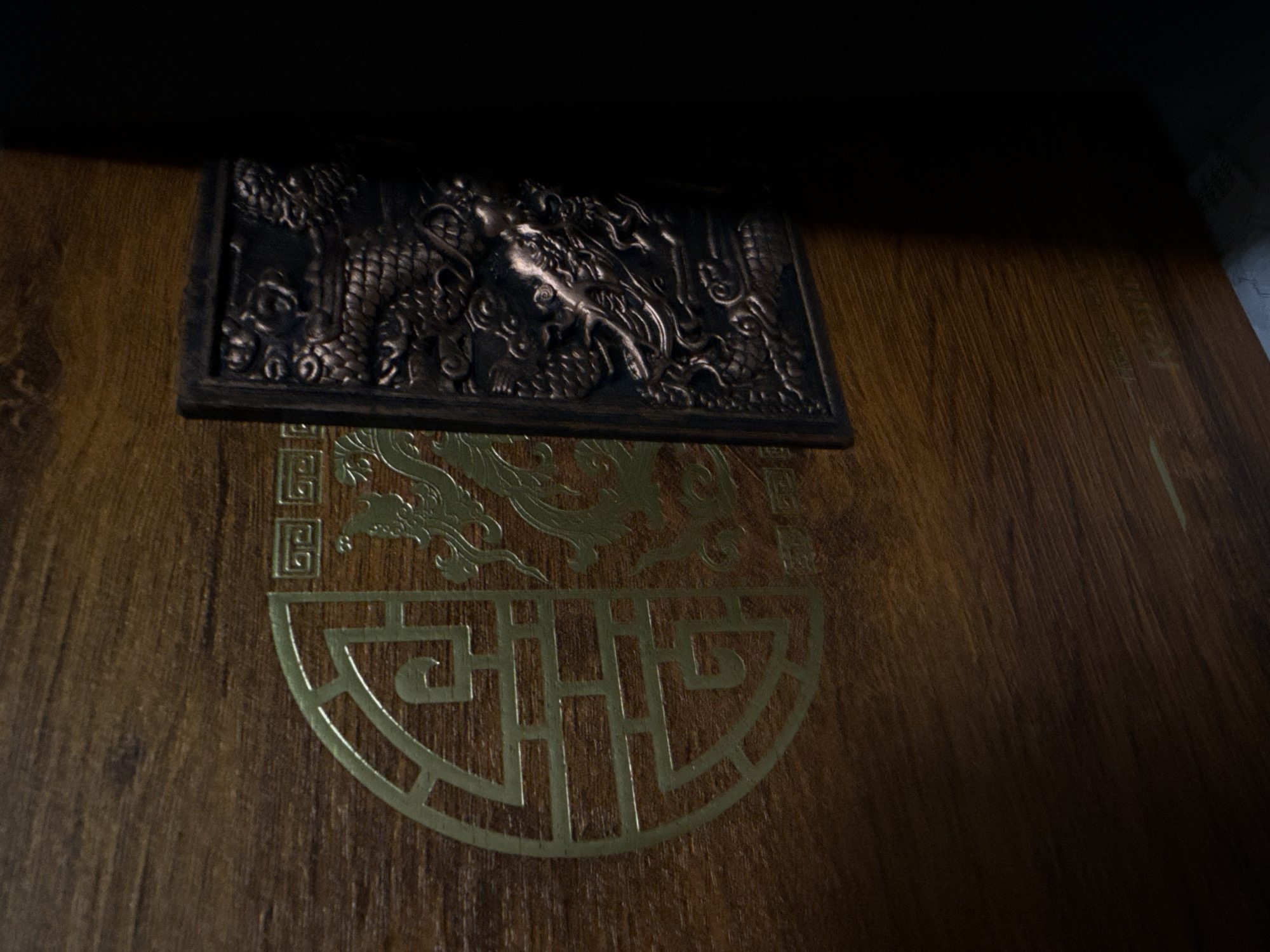 A close-up, eye-level, medium shot captures a portion of a wooden surface, possibly a box or furniture, with intricate Asian-inspired designs. On the left, a large, gold-colored, circular emblem with geometric patterns is visible. To the right of the emblem, a darker, rectangular metal plate is attached to the wooden surface. This plate features a detailed, raised relief of a dragon, a common motif in East Asian art. The wood grain is evident, indicating a natural material. The lighting is uneven, with a strong shadow cast on the right side of the image, obscuring a significant portion of the scene. The background is dark, suggesting an indoor environment with low light conditions. The image does not contain any elements that would place it in the city of Pudomyagi, Russia.