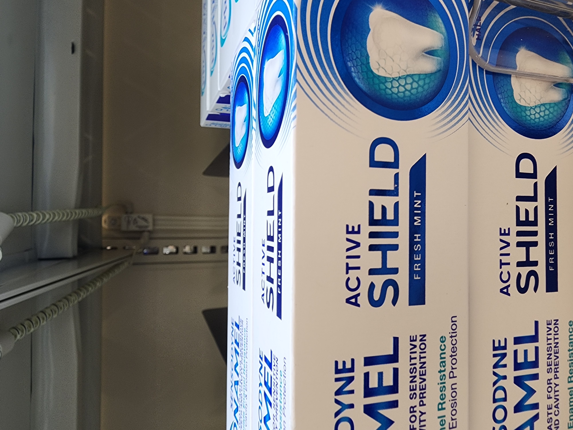 The image displays two boxes of Sensodyne Active Shield Fresh Mint toothpaste on a retail shelf. The boxes are white with blue lettering and feature an illustration of a tooth. The top box is partially obscured by the shelf above. The environment appears to be a store aisle, with overhead shelving and fluorescent lighting. The location is identified as Camp Hill, United States of America, though no specific details about the city are visible in the image itself.