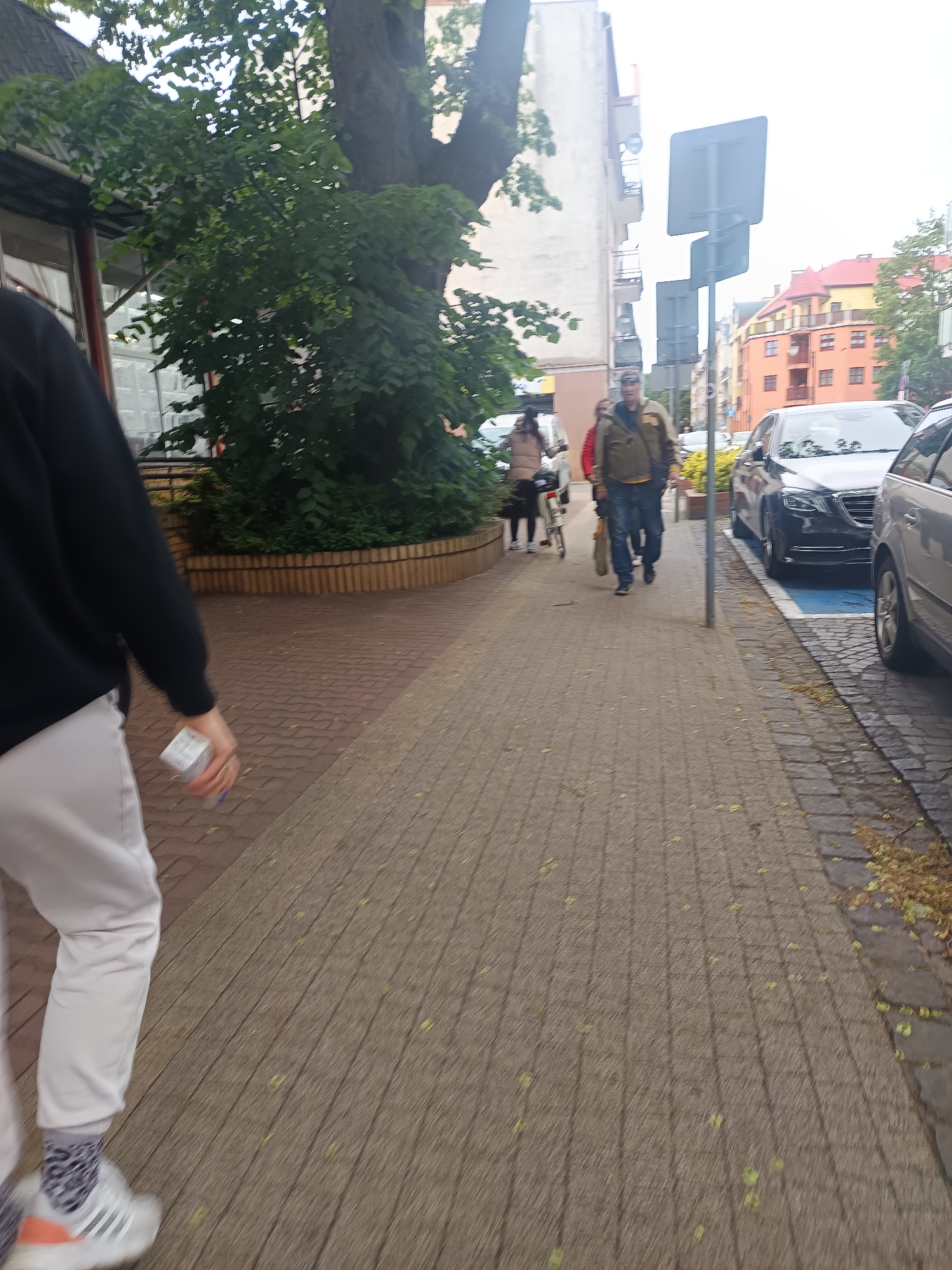 The image shows a sidewalk in Świnoujście, Poland, with several people and vehicles present. In the foreground, a person wearing white pants and a black sweatshirt is walking away from the camera, holding a small white package. Further down the sidewalk, two individuals are walking towards the camera. One is a person wearing a beige coat and pushing a bicycle, while the other is a man in a green jacket and blue jeans carrying a bag. Two cars are parked on the street beside the sidewalk: a black sedan and a silver car. Buildings with various colored facades line the street in the background. A large tree with dense green foliage is situated to the left of the sidewalk. The ground is paved with interlocking bricks.