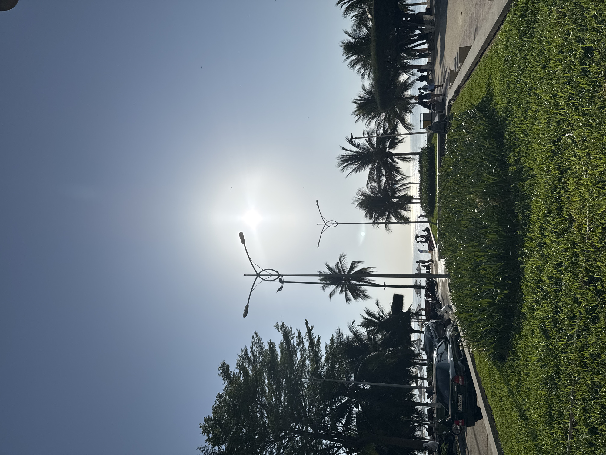 The image depicts a sunny day along a coastal road in Nha Trang, Vietnam, likely a promenade or beachfront area. The foreground features a well-maintained, vibrant green lawn with a concrete curb. Beyond the lawn, a paved pathway runs parallel to the road. Palm trees and other lush foliage line the area, interspersed with decorative streetlights.
On the road, a black sedan with license plate "29N-7776" is parked. Further down the road and on the pathway, several people are visible walking and standing. Beyond the trees and pathway lies the beach, with a line of white beach umbrellas and people scattered across the sand, some appearing to be near the water. The ocean is visible in the background, calm and reflecting the bright sunlight. The sky is a clear, pale blue, with the sun prominently positioned in the upper center, creating a bright glare that washes out some of the details in the sky. A few scattered birds are visible in the sky. The overall impression is of a lively, sun-drenched public space by the sea.