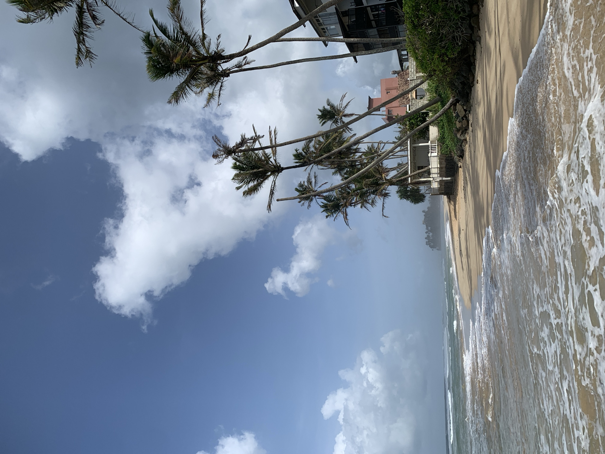 This is a photograph of a tropical beach scene in Ahangama, Sri Lanka. The image features a wide expanse of sandy beach in the foreground, with gentle waves breaking and receding. Palm trees are a prominent feature, with several tall, slender trees leaning towards the sea. Behind the palm trees, there are buildings visible, including a multi-story structure with balconies and a smaller, pink-hued building. Lush green vegetation covers the area between the beach and the buildings. The sky is a mix of blue and white, with fluffy clouds scattered throughout. The overall impression is one of a serene and picturesque coastal landscape. There are no people or animals visible in the image.