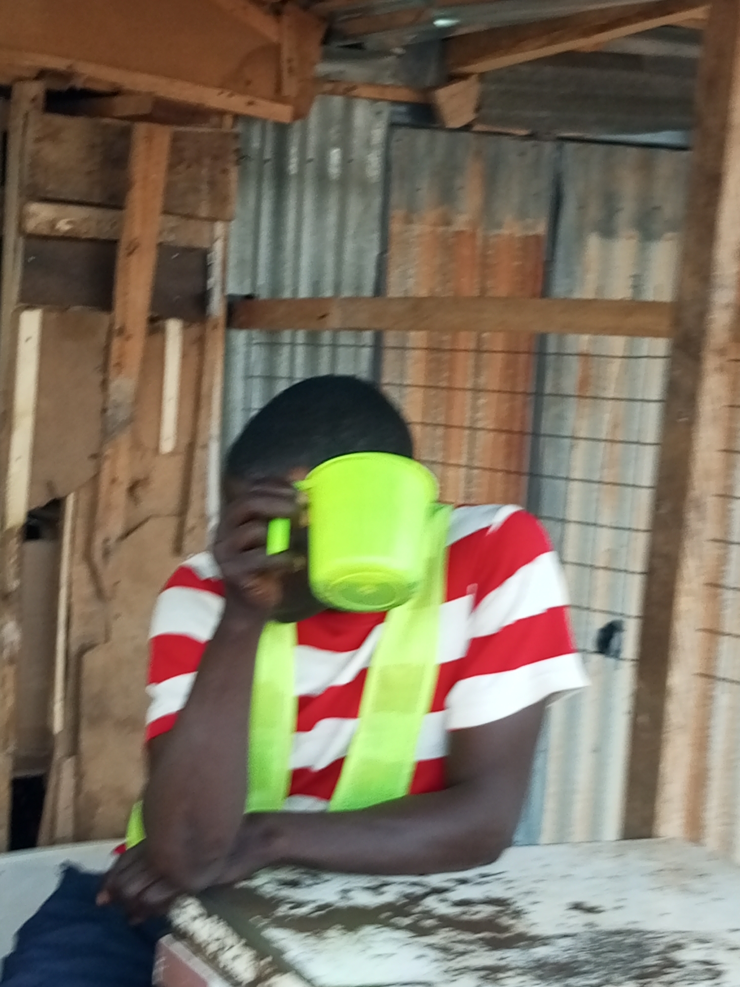 In Gombe, Nigeria, a person wearing a red and white striped shirt and a neon green safety vest is seen from the chest up. They are holding a bright green mug to their face with their right hand, obscuring their features. Their left arm rests on a surface, which appears to be a table or counter, speckled with dark material. The background consists of corrugated metal sheeting and wooden structures, suggesting an outdoor or semi-enclosed workspace, possibly a market stall or workshop. The lighting is natural and somewhat diffuse.
