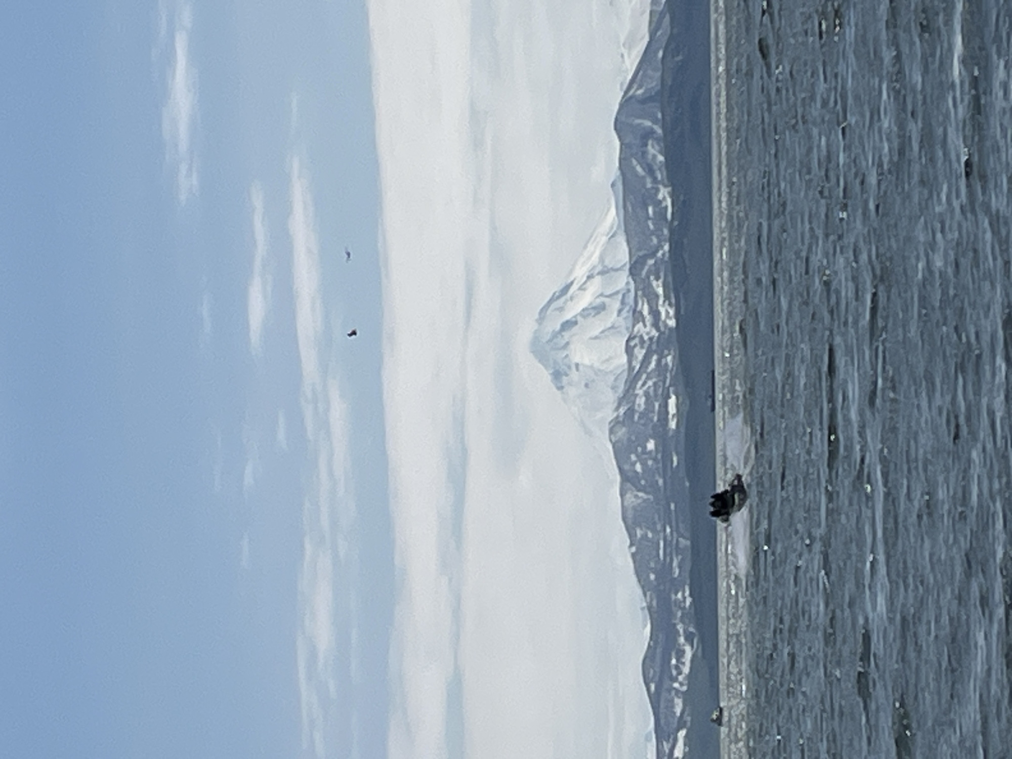 The image depicts a wide, choppy body of water with a distant, snow-capped mountain range. In the foreground, a jet ski with several occupants is moving at speed, creating a spray of water. Further back, a small boat is visible on the left, and a ship is on the horizon to the right. The sky is mostly blue with scattered clouds. The mountain in the center of the image, which appears to be a volcano, is snow-covered. This scene is likely located in or near Petropavlovsk-Kamchatsky, Russia, given the prominent volcanic landscape which is characteristic of the region. The overall impression is of an outdoor recreational activity taking place on a clear, if somewhat cool, day.