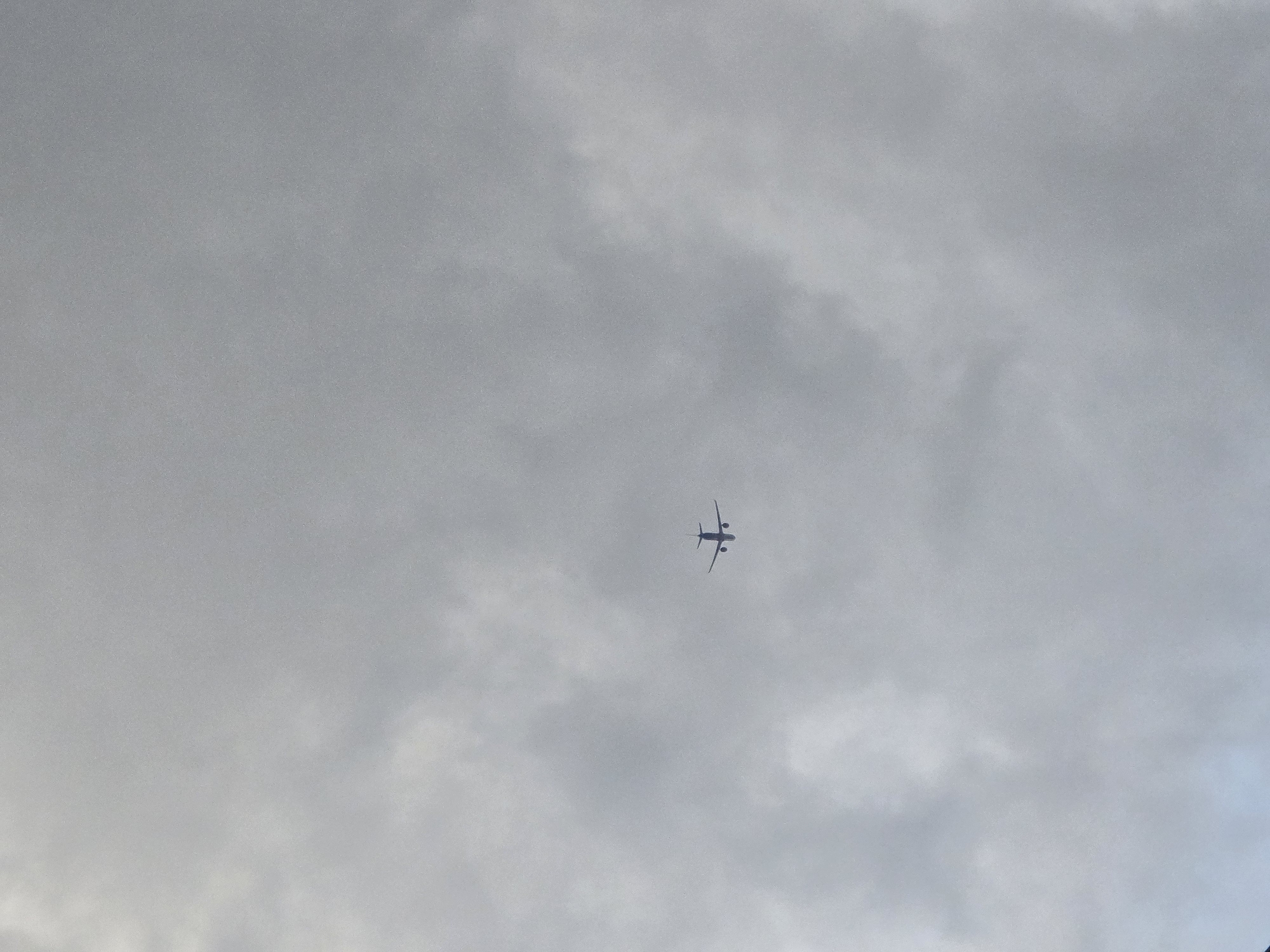 A plane is flying in the sky. The sky is cloudy and gray.