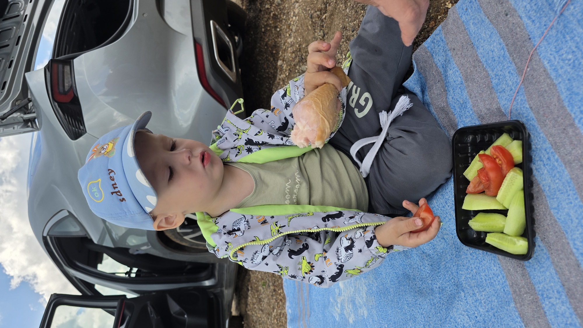 A young child sits on a blue and gray striped blanket on the ground, with a silver car parked behind him, its trunk and driver's side door open. The child is wearing a light blue cap with an image of a bunny and the word "sdney" and "ok" on it. He also wears a grey jacket with a dinosaur print and a light olive-colored t-shirt. In his right hand, he holds a piece of cooked meat, likely a drumstick. In front of him on the blanket is a black plastic container filled with cut cucumber and tomato slices. The child is looking down at the food. The environment appears to be outdoors, with a dirt and gravel ground and a cloudy sky overhead. The location is the city of Дарьино, Russia.