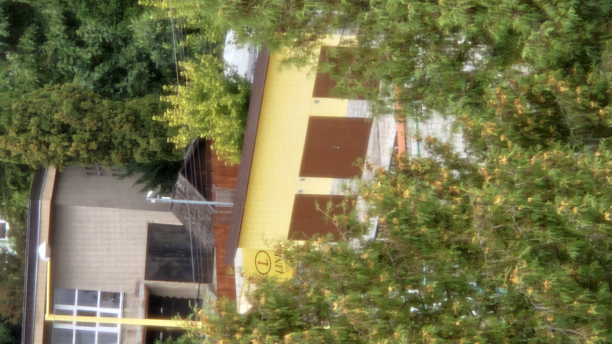 The image depicts a low-angle view of a building with a beige facade and a dark roof, situated behind a cluster of green trees with yellow foliage. A prominent yellow vertical pole is visible on the left side of the building, extending upwards. Below the beige building, a long, single-story yellow structure with a dark brown roof runs horizontally across the frame. This yellow structure has at least three large, dark brown doors evenly spaced along its front. A circular logo with a "L" inside a yellow oval is positioned on the left side of the yellow building, above the leftmost door, with the word "LINE" written below it in black text. The background features dense green trees and foliage, with a glimpse of another building or structure higher up and to the left, characterized by a light-colored facade and a white-framed window. The overall scene appears to be an outdoor environment, possibly a commercial or industrial area, with elements of vegetation and utilitarian architecture. Based on the available information, this image is likely located in Prešov, Slovakia.