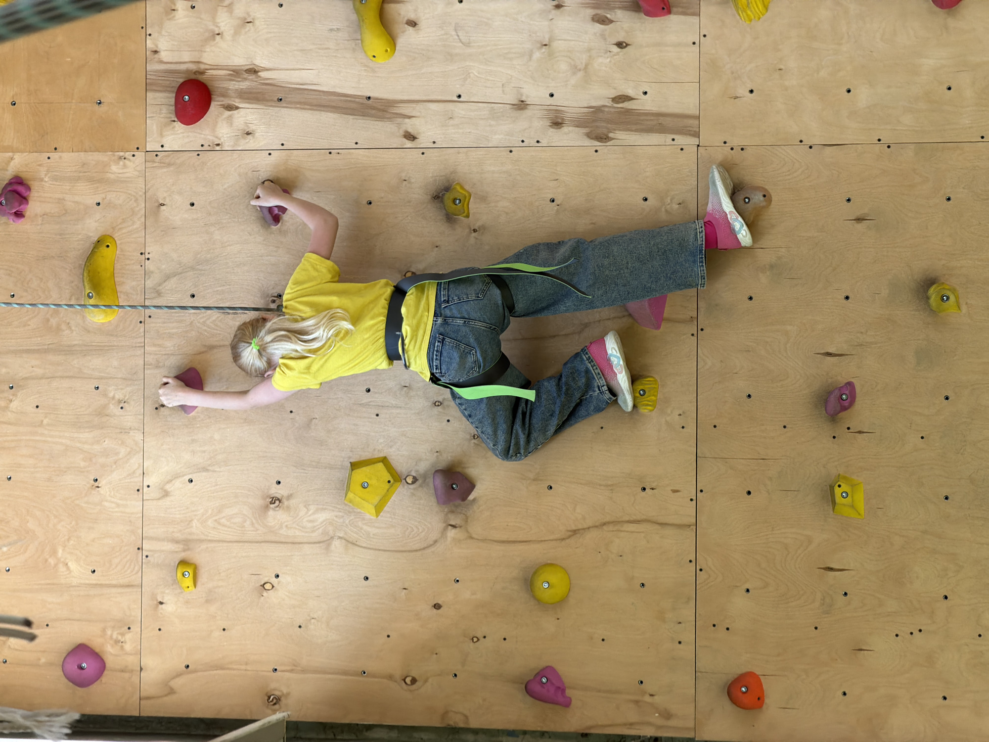 A top-down shot captures a young girl rock climbing indoors on a wooden wall. She is wearing a yellow T-shirt, blue jeans, and pink-accented sneakers, and is secured by a climbing harness and rope. Her blonde hair is tied back with a green hair tie. The climbing wall features numerous colorful climbing holds. The location appears to be indoors. There is no information about the location being in Izhevsk, Russia.