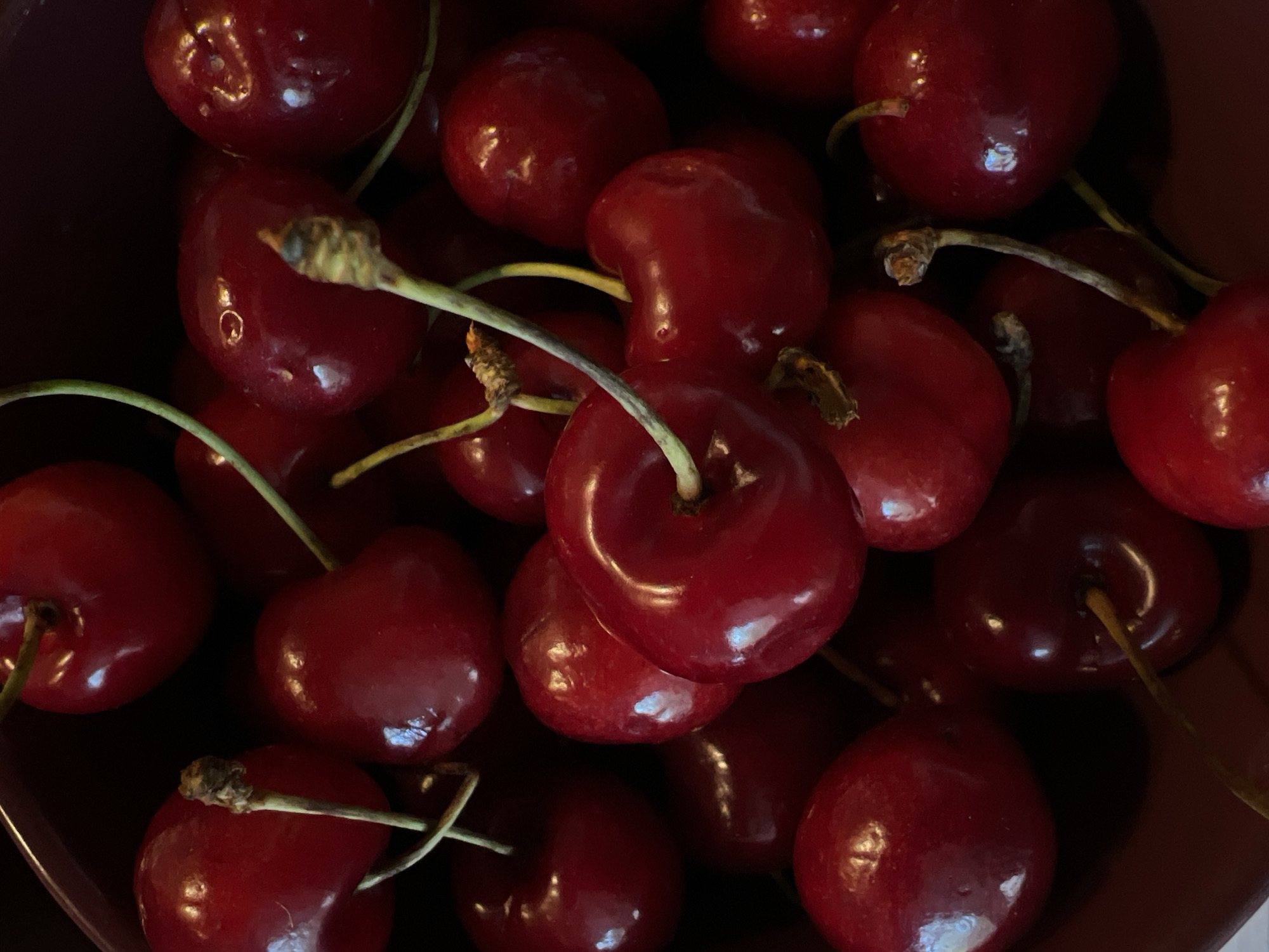 The image is a close-up, overhead shot of a pile of fresh, ripe cherries, mostly with stems attached, inside a dark red bowl. The cherries are a deep, glossy red, with some reflecting light and appearing slightly lighter. The stems are thin and green, with some showing signs of dryness at the ends. The bowl's rim is visible at the top and right edges of the frame. The lighting is dim and appears to be coming from above, creating shadows and highlighting the cherries' plumpness and smooth texture. There are no people or other objects visible. The image's composition is tightly cropped, focusing entirely on the fruit and its container. There is no information in the image to suggest a specific location within Sofia, Bulgaria.