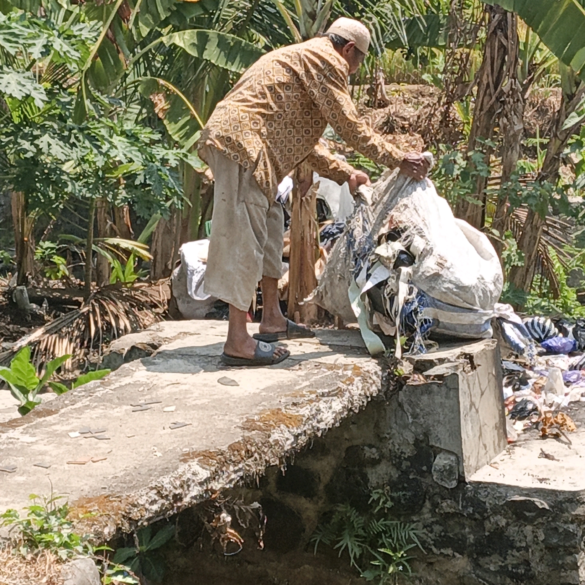 In Mangli, Indonesia, an individual stands on a concrete pathway adjacent to a large pile of refuse. The person, wearing a patterned long-sleeved shirt, light-colored pants, and sandals, is in the process of handling a large, white garbage bag. This bag appears to be filled with various discarded items, including fabric and plastic. The surrounding environment is lush with vegetation, including large-leafed plants, suggestive of a tropical or subtropical climate. The concrete pathway shows signs of wear and moss growth. The refuse pile consists of mixed waste, including plastic bags, fabric scraps, and other debris, spilling onto the ground and the edge of the pathway. The scene suggests an informal waste disposal or collection area in a semi-rural or vegetated urban setting.