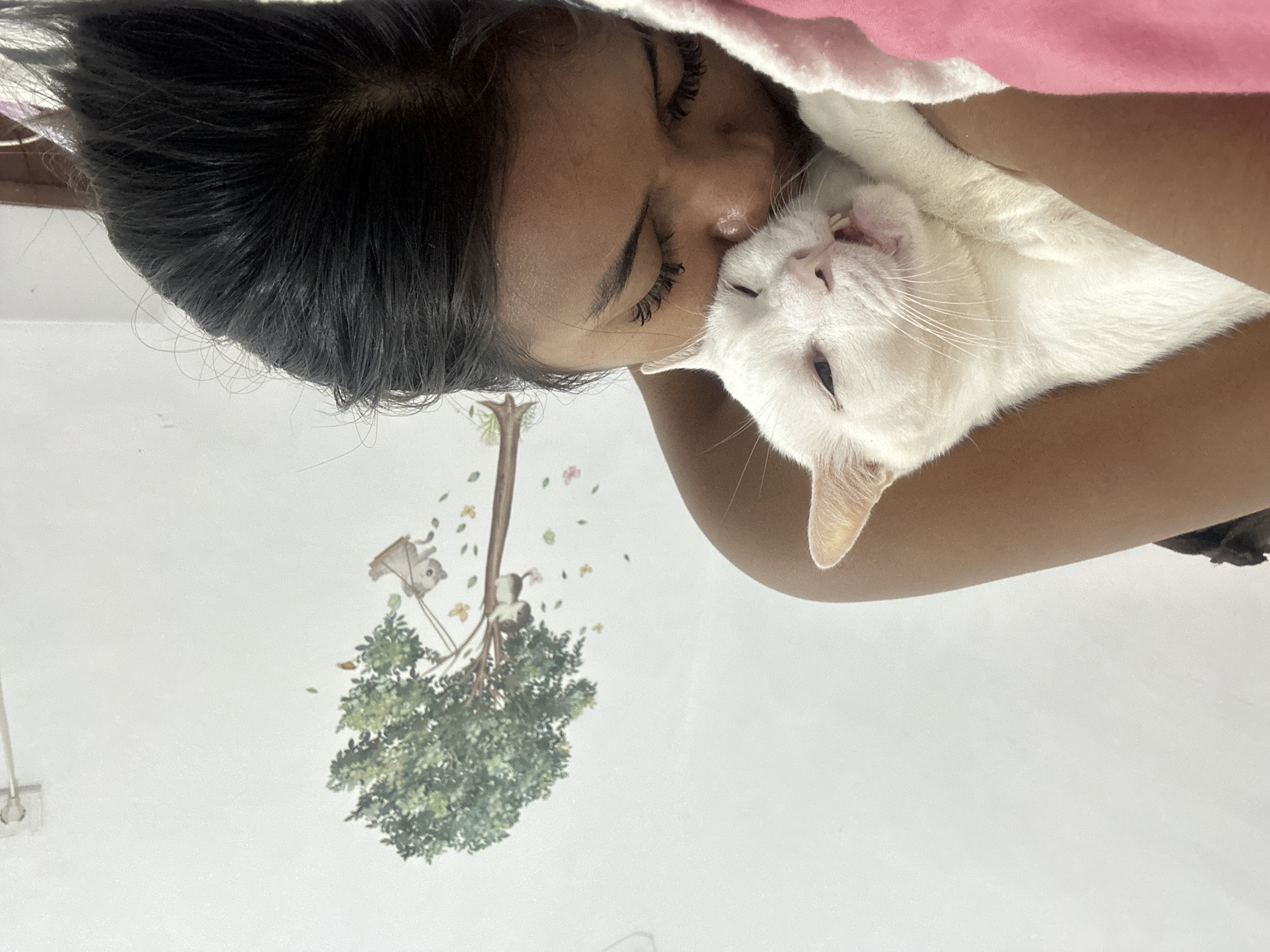 A white cat with its mouth open, appearing to be purring or meowing, is nuzzled against the cheek of a person lying down, their eyes closed. The person has dark hair and is wearing what appears to be a black top. The cat's paw is resting on the person's arm. In the background, a wall features a decal of a tree with squirrels and falling leaves, and a light switch is visible. The scene is set indoors, likely in a bedroom, possibly in Sukawati, Indonesia, given the context. The overall impression is one of affection and comfort between the cat and the person.