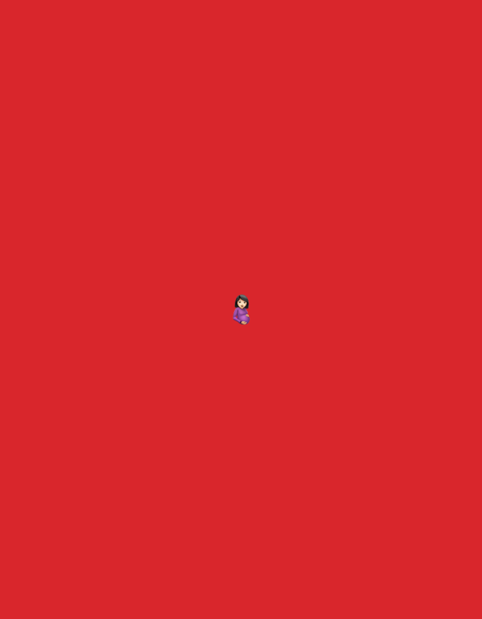 The scene displays a single, centrally positioned emoji of a pregnant woman against a uniform, solid red background. The woman has short, dark hair and light skin, and is depicted wearing a purple top or dress. Her hands are placed over her visibly rounded abdomen, indicating pregnancy. The figure is static, facing forward. No other subjects, objects, or environmental features are present beyond the monochromatic red backdrop. This scene is located in the city of Santa Ana, Venezuela.