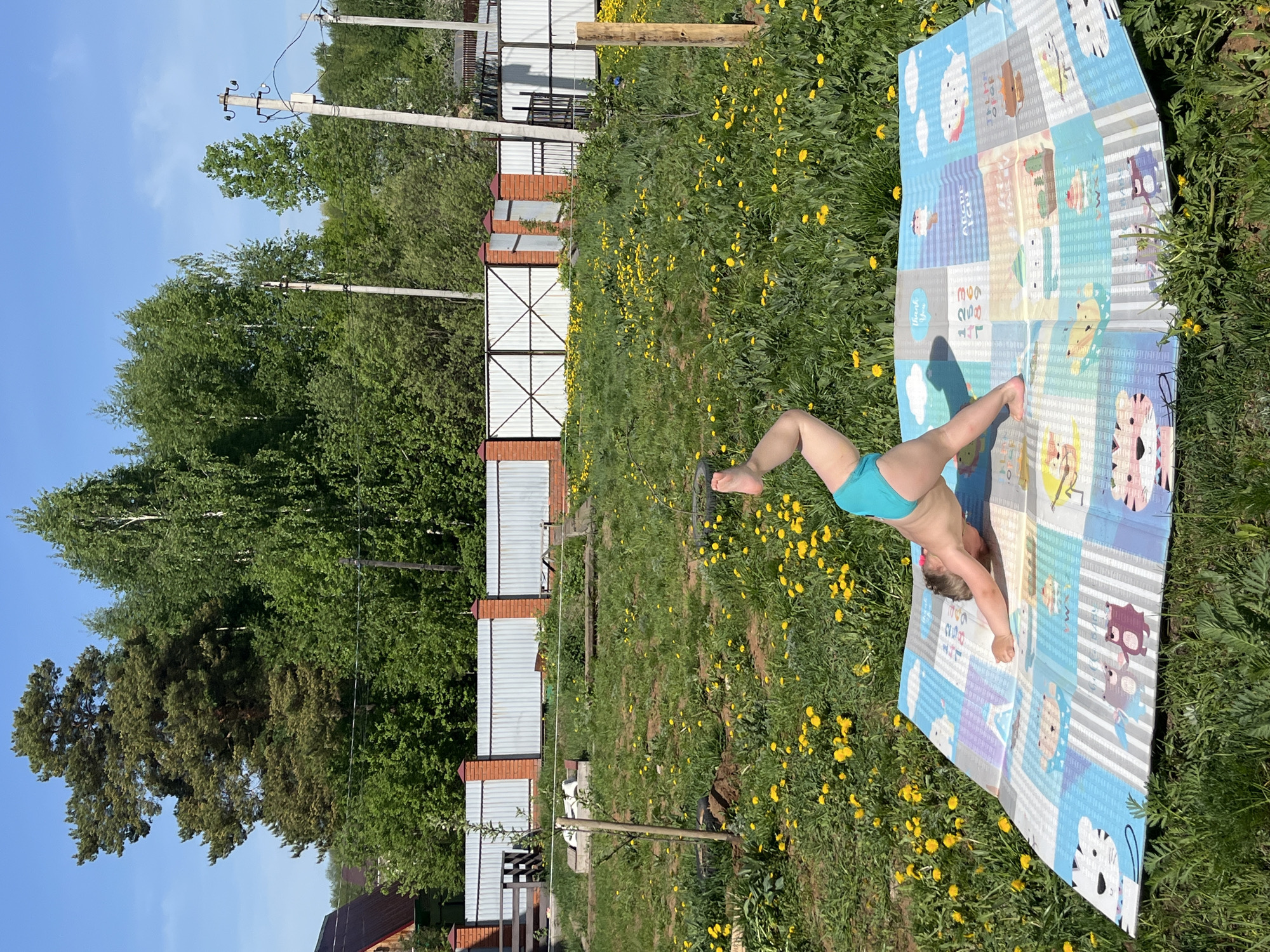 A child wearing blue swimwear is performing a backbend on a multicolored play mat in a grassy yard covered with yellow dandelions. The yard is located in Chaikovsky, Russia. The backdrop includes a fence, trees, power lines, and partial views of buildings. The sky is blue and clear.